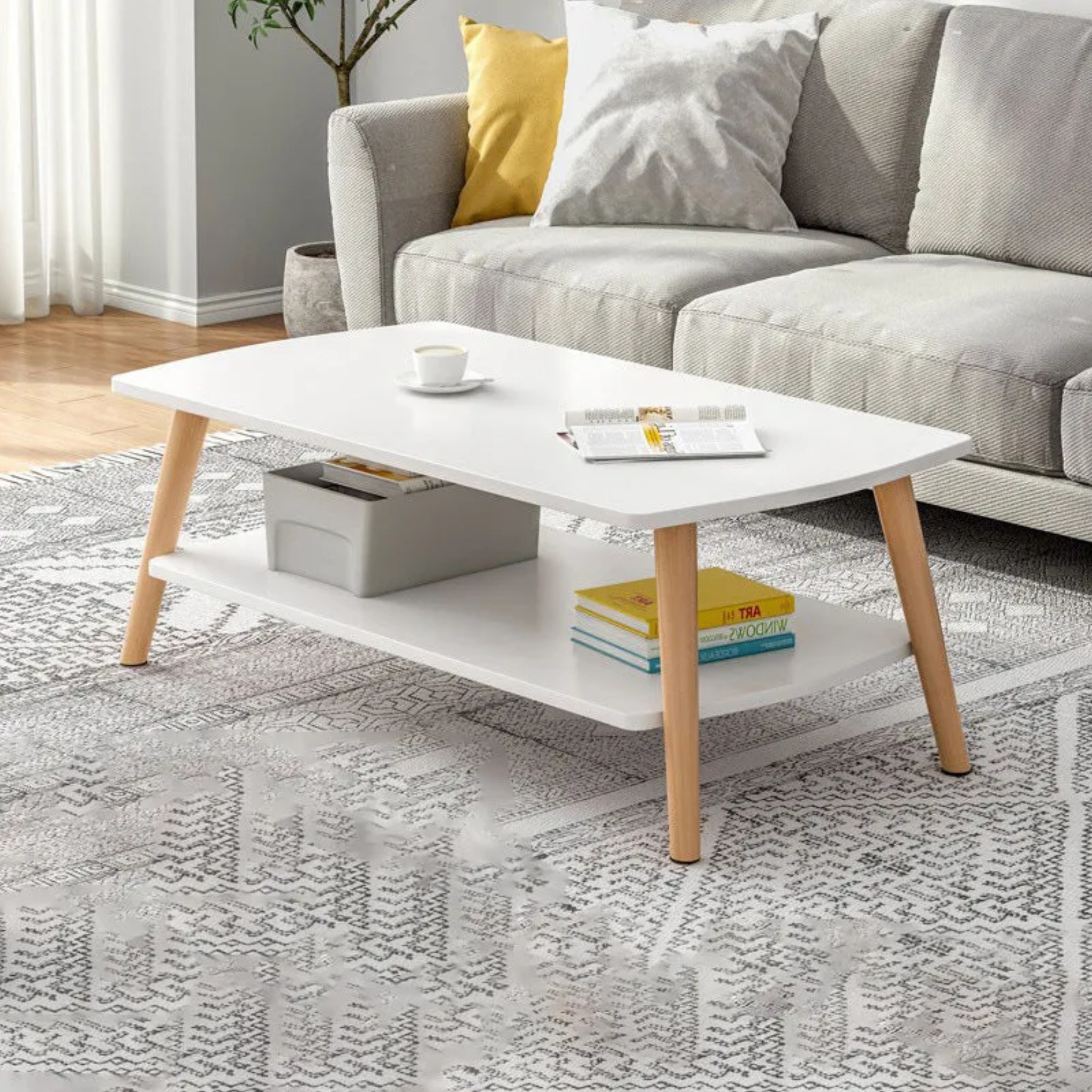 Minimalist rectangular 2-tier wood coffee tables — 31.5" L x 18.9" W x 16.5" H / White