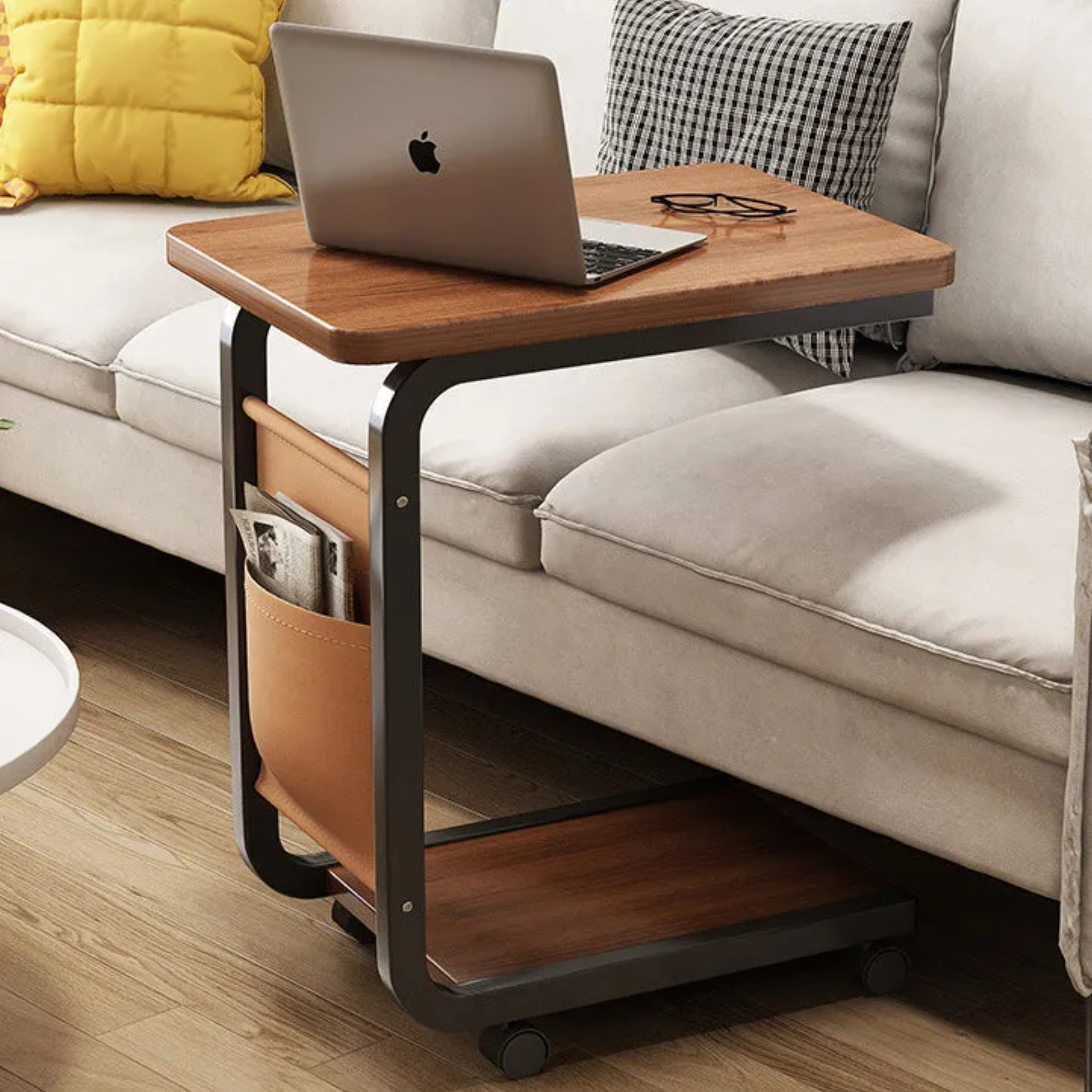Minimalist roller end metal end & side tables — Natural Wood