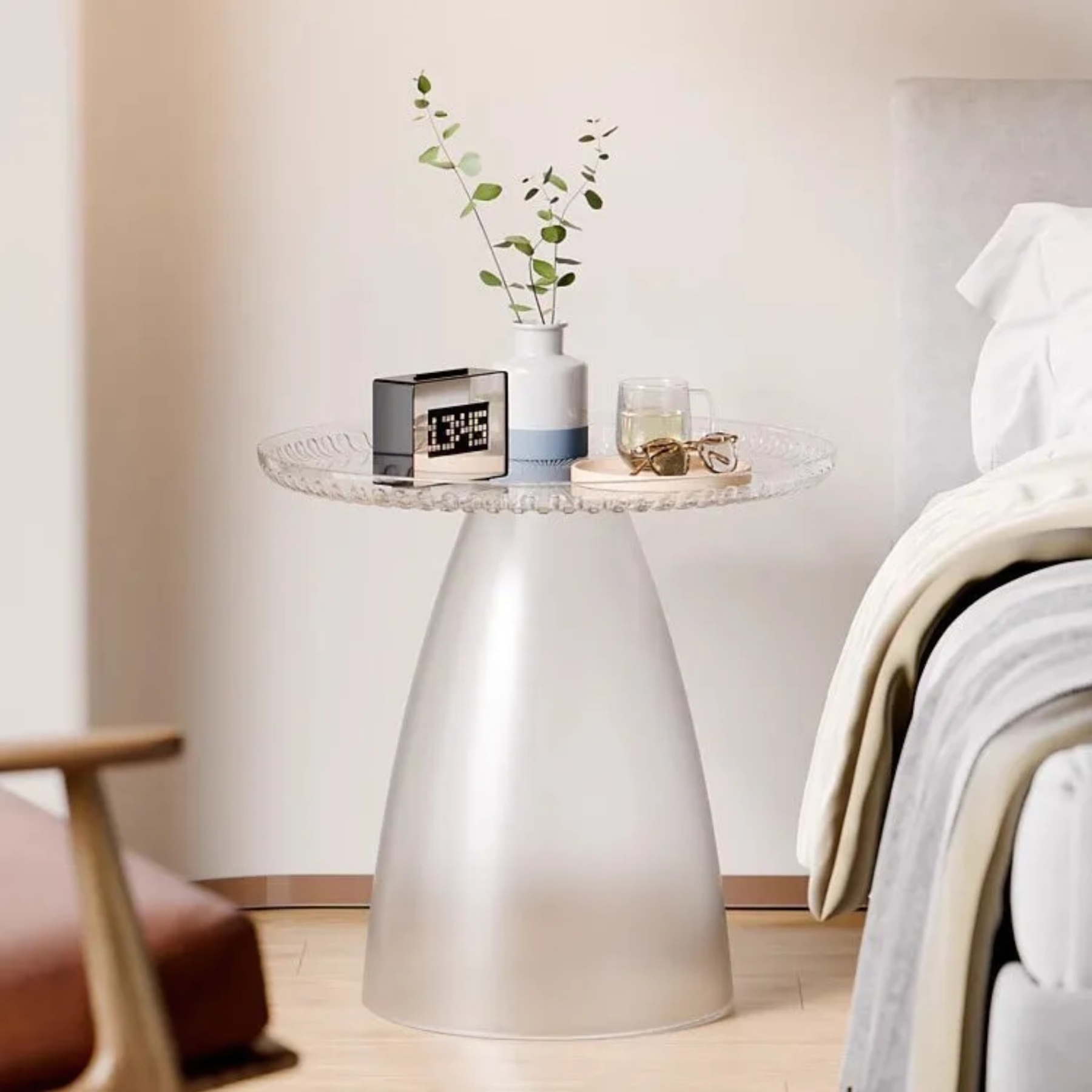 Minimalist round pet wood end & side tables — Transparent