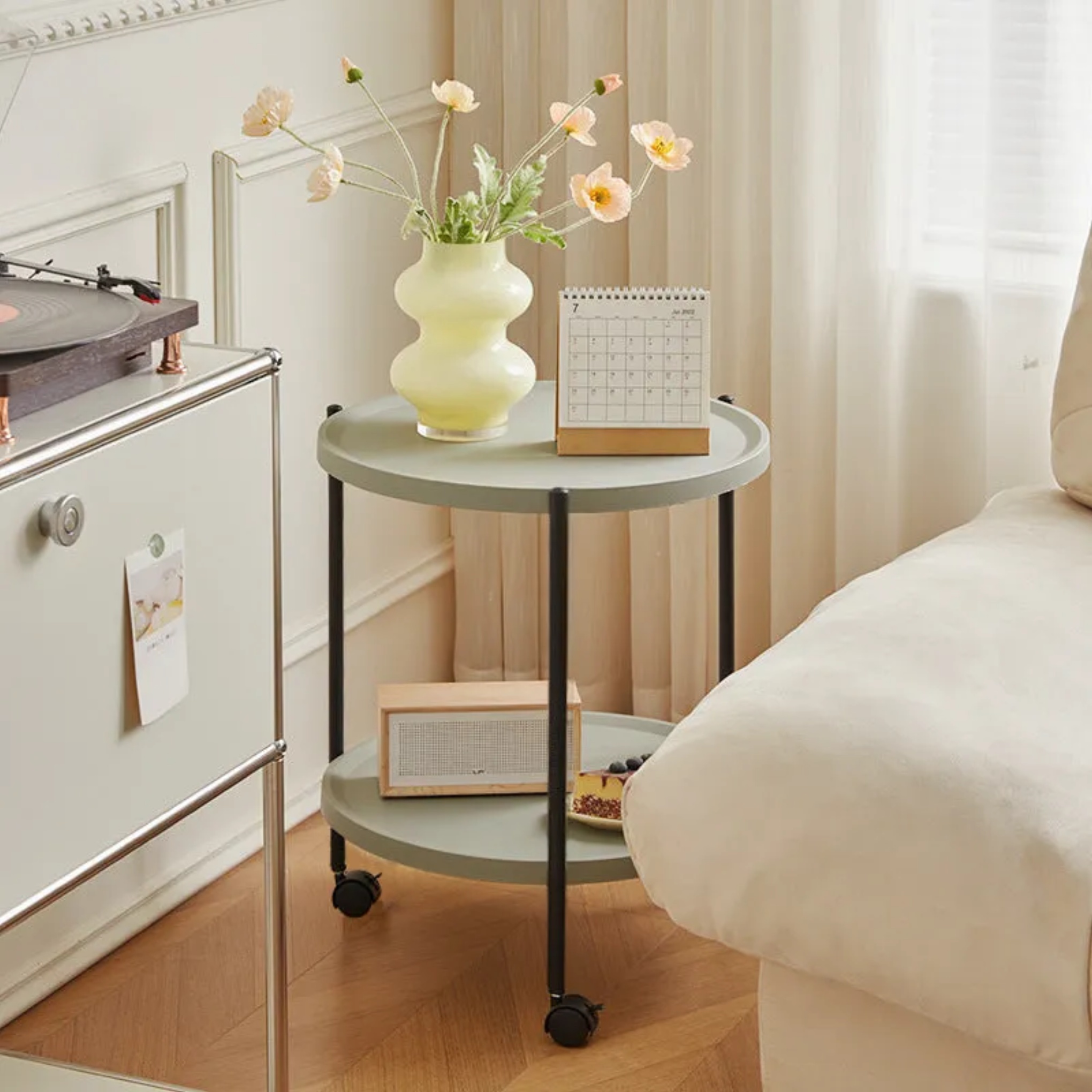 End round metal end & side tables for office — Without Armrest / White