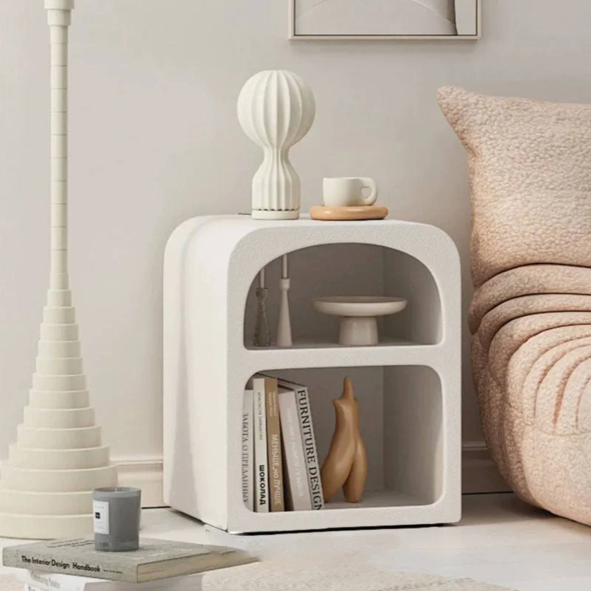 Minimalist rounded density white nightstands, Lighom