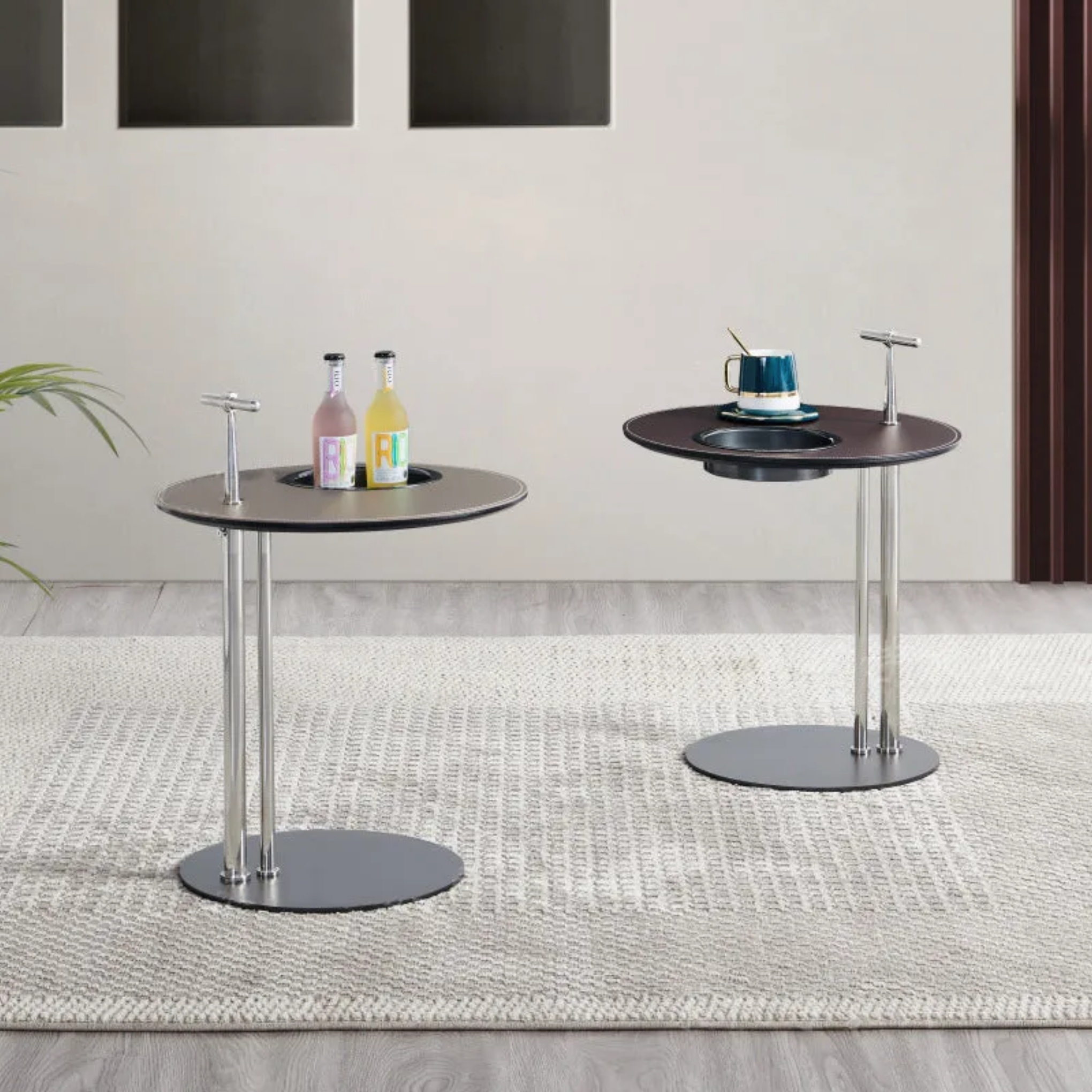 Minimalist saddle round brown end & side tables in leather