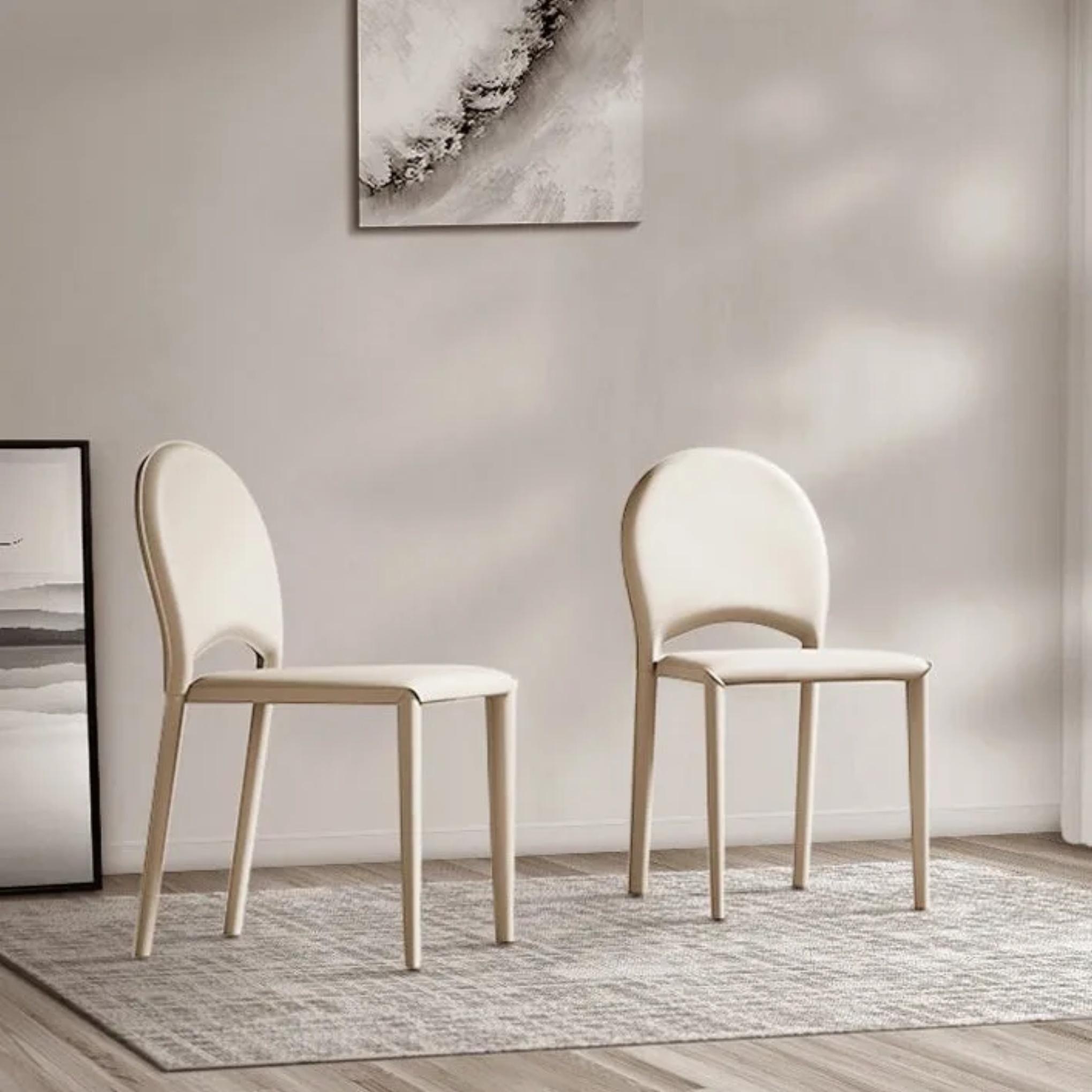 White minimalist saddle dining chairs & benches