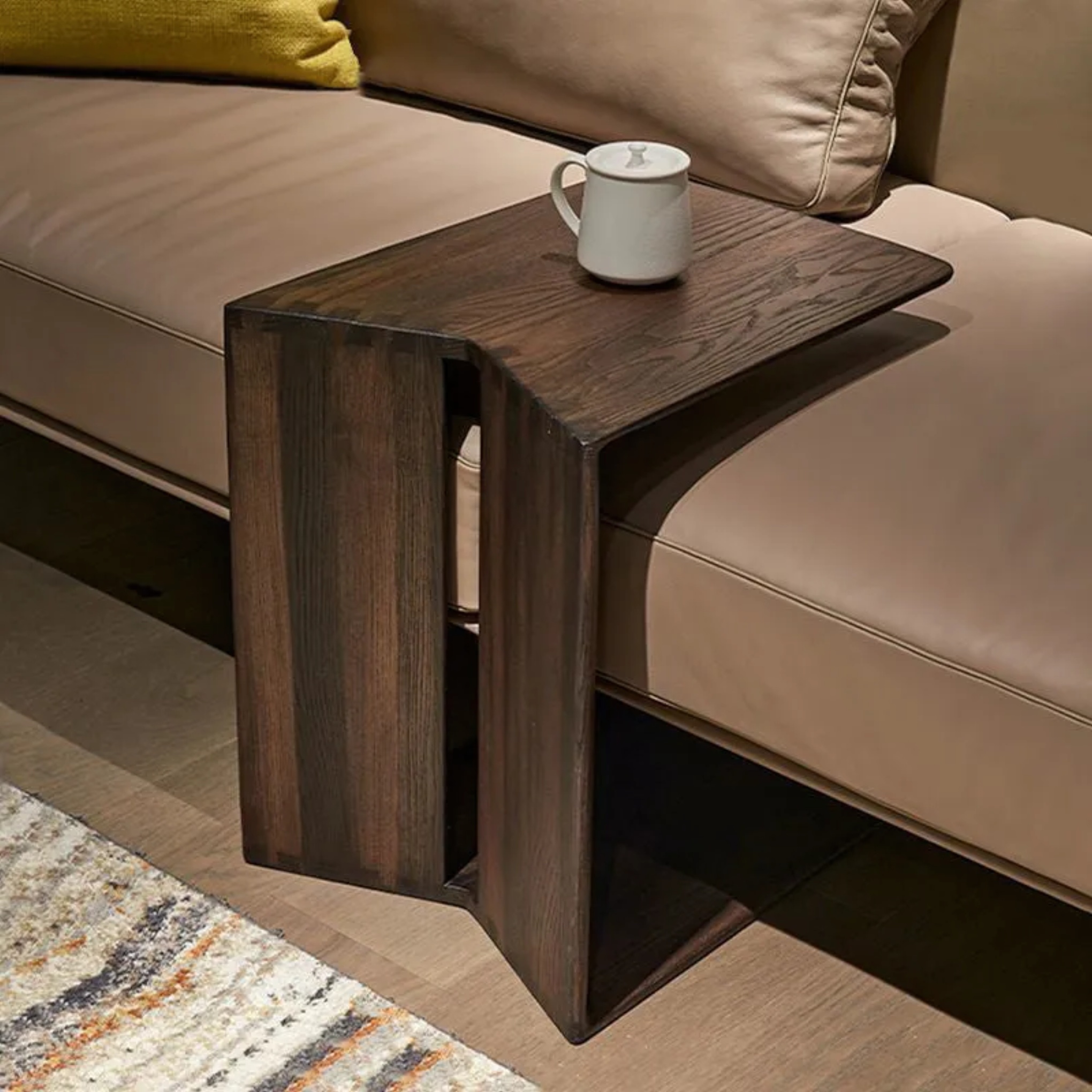 Minimalist shaped end & side tables in wood metal fabric
