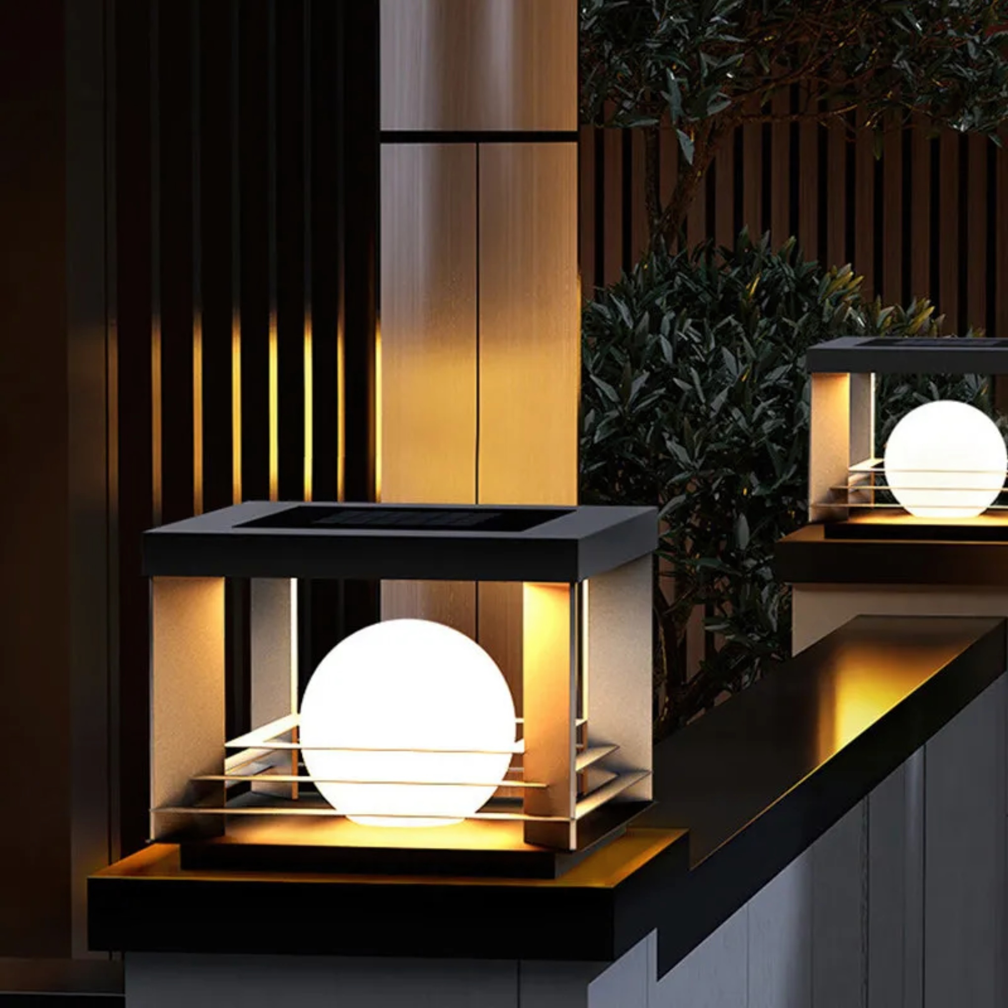 Minimalist globe black steel outdoor post lights — 9.84" W x 7.68" H