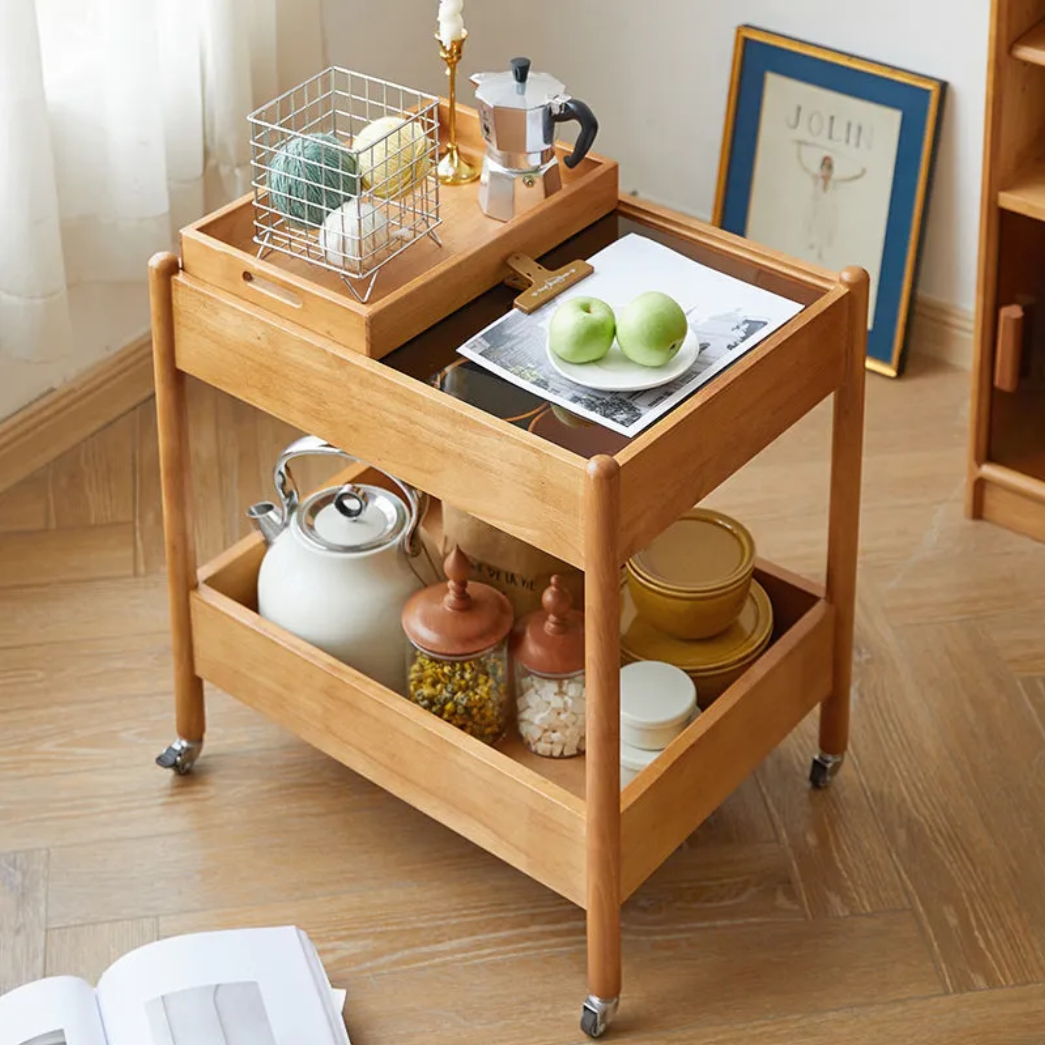 Wood glass wood 2-tier solid coffee tables - minimalist