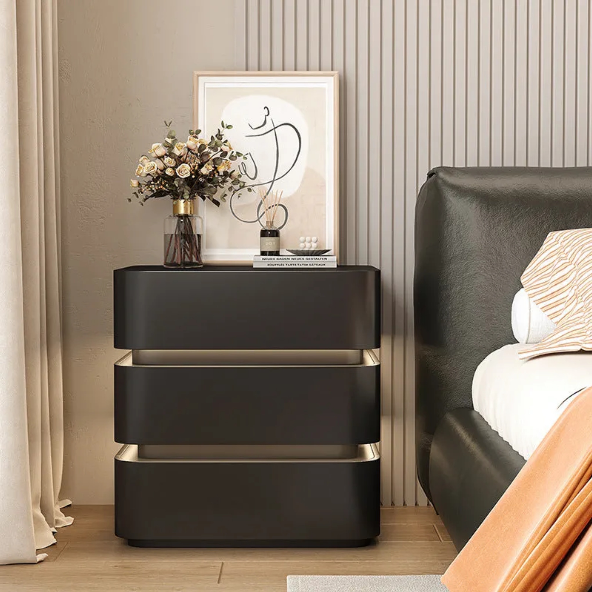 Minimalist strip solid nightstands in wood — 11.81" L x 15.75" W x 23.62" H / Black