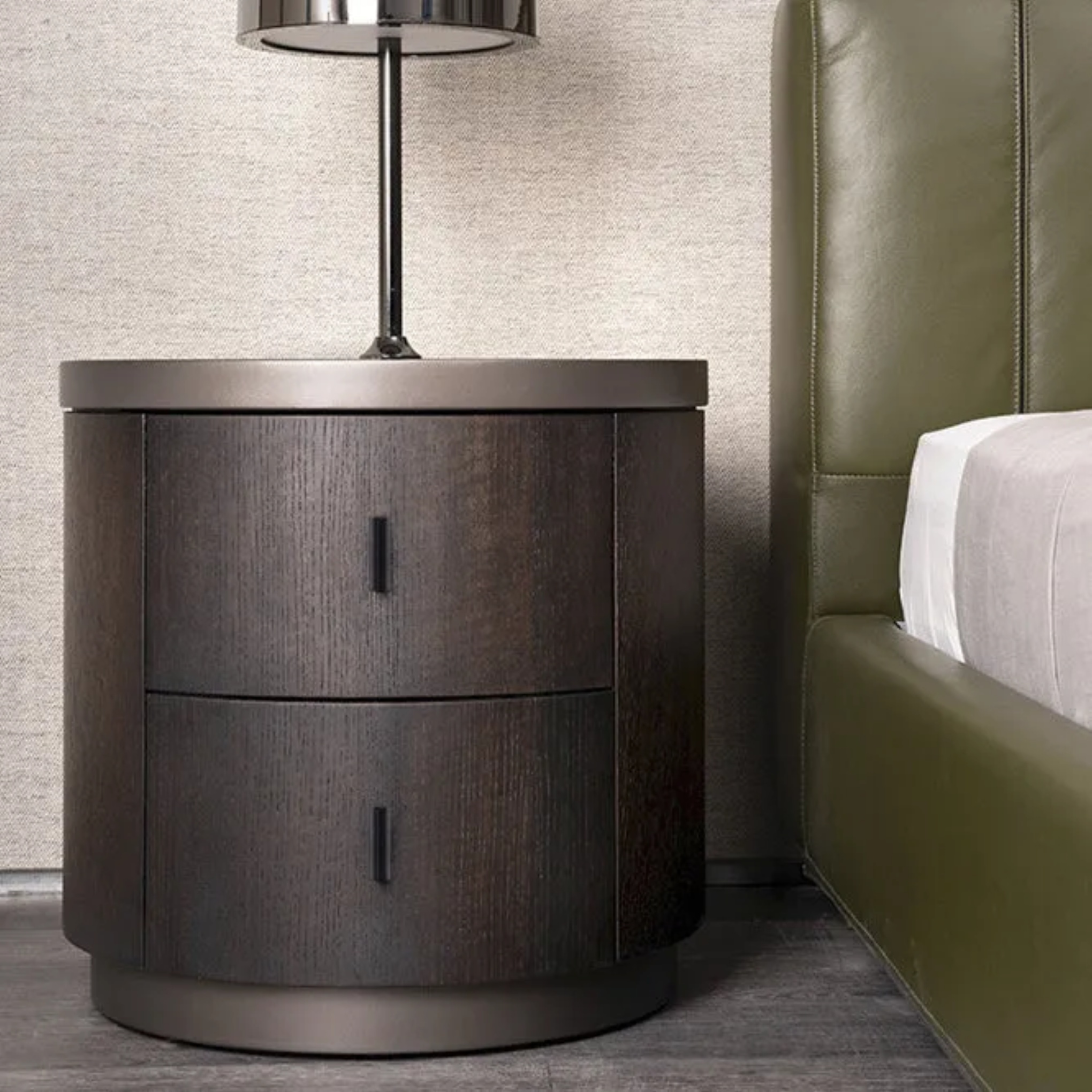 Minimalist round cylindrical metal wood nightstands