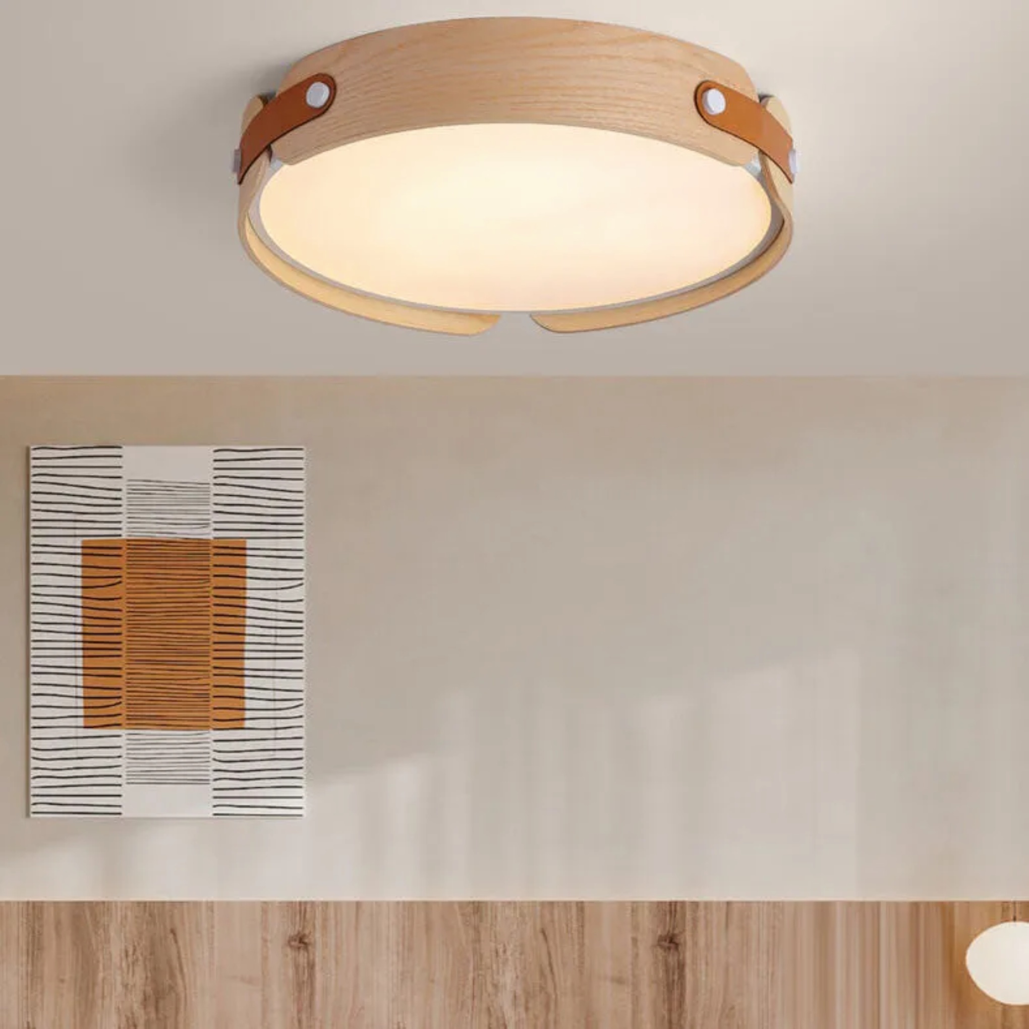 Wood leather round solid flush mount lighting - minimalist — 2.76" H x 16.54" Dia / Warm White (3000K) / 110V-120V (US/CA)