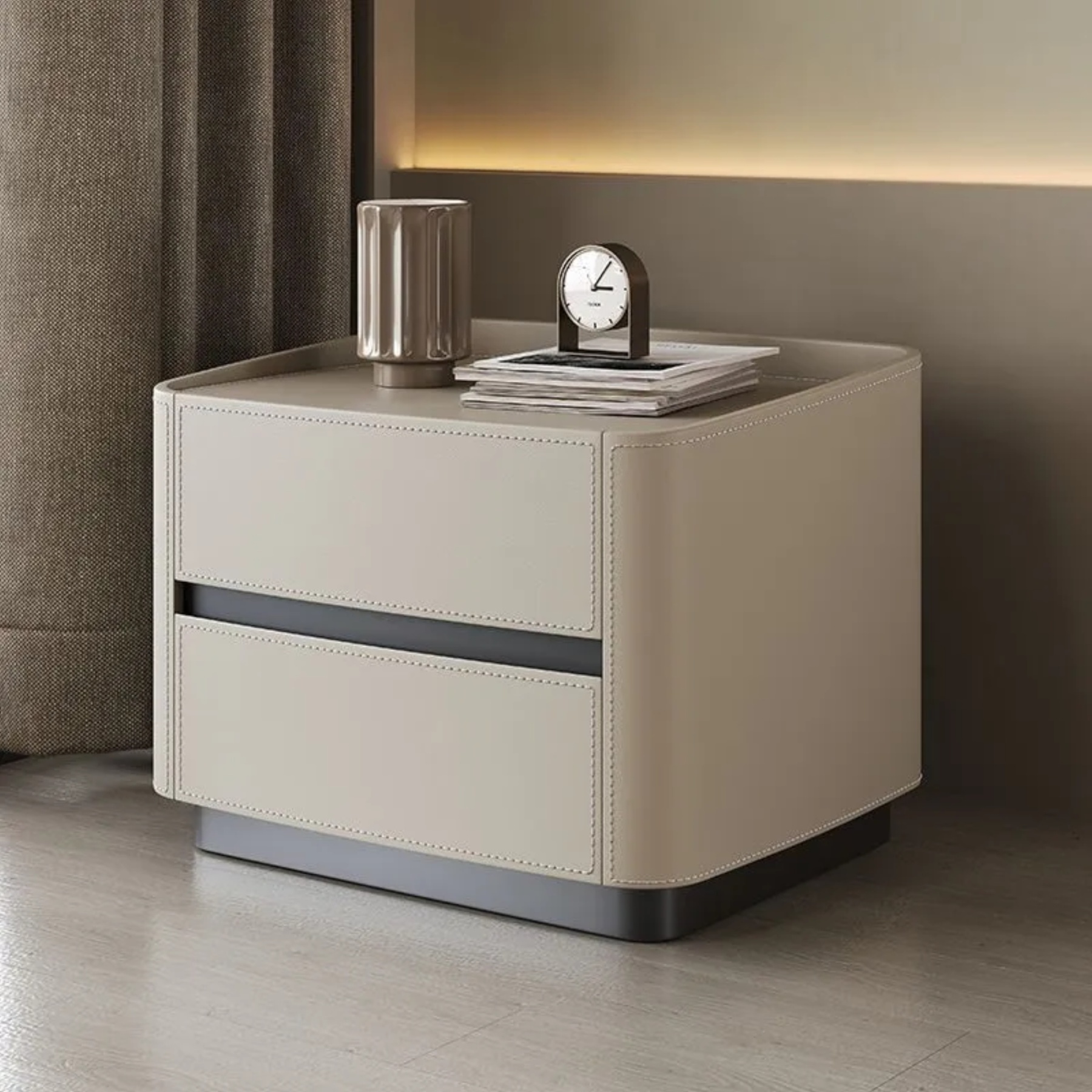 Minimalist solid saddle nightstands in leather — Variant A