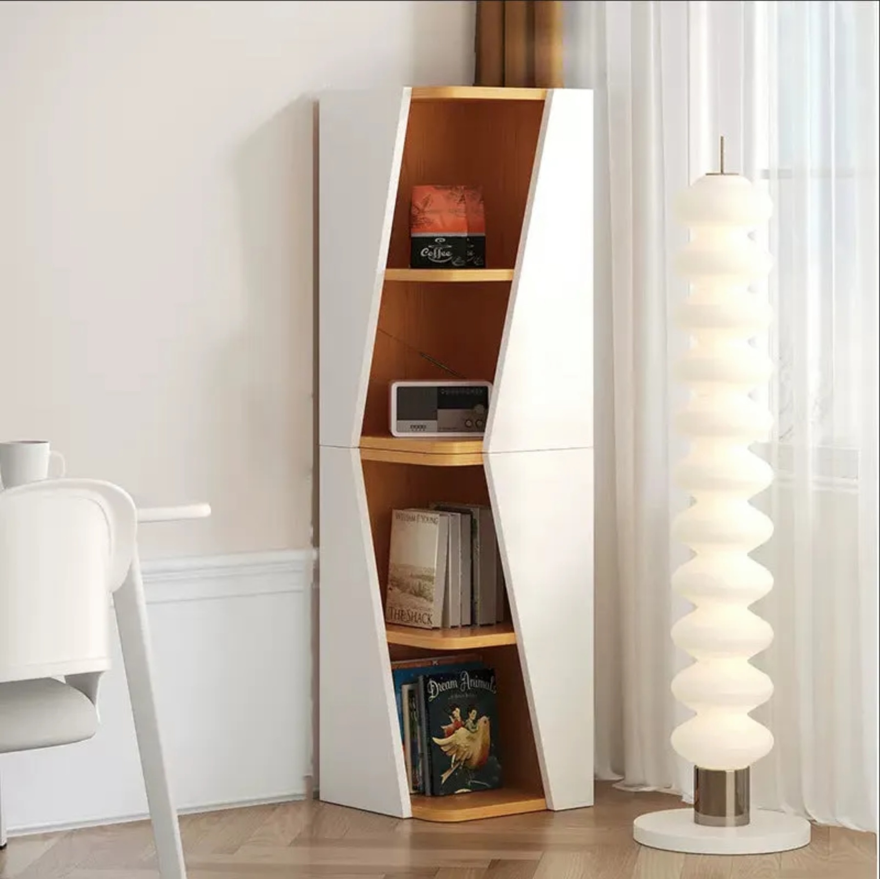 Corner triangle bookcases in wood — 4-Tier A & B / Natural Wood