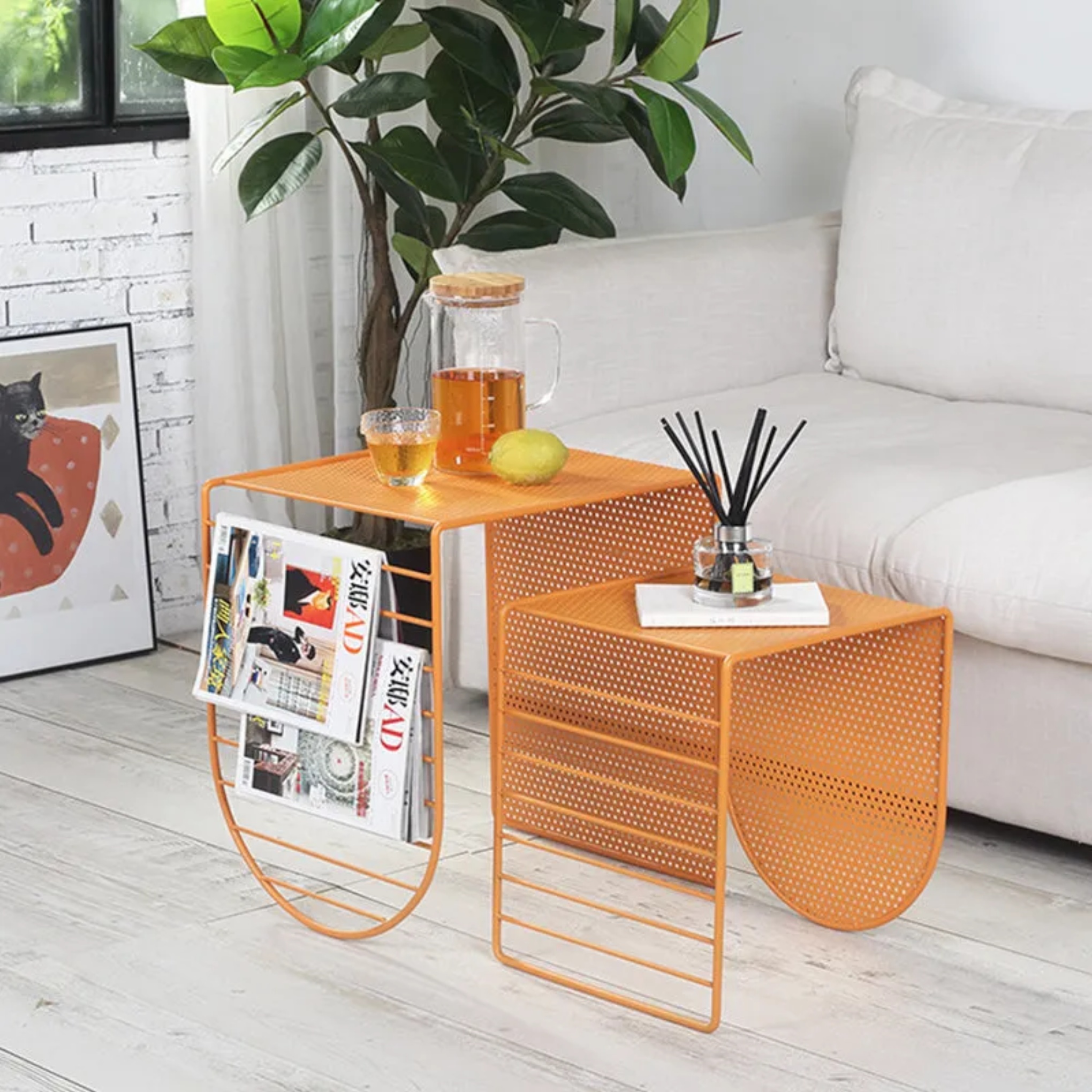 Gray minimalist square panel coffee tables — Small / Orange