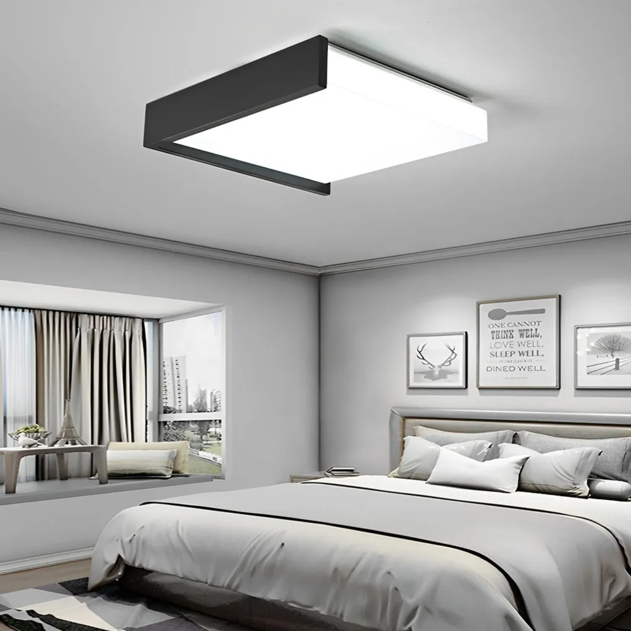 Black modern square flush mount lighting — Cool White (6000K)