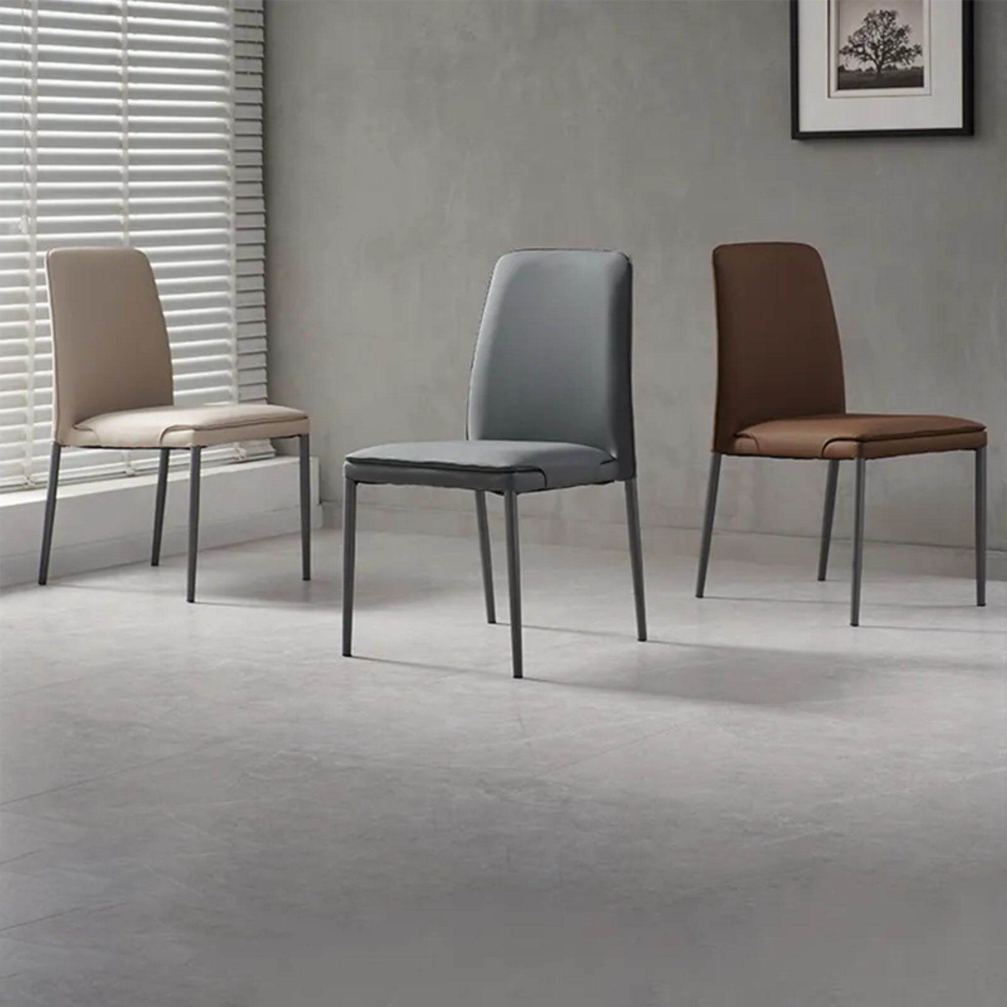 Lighom minimalist stackable gray dining chairs & benches in leather