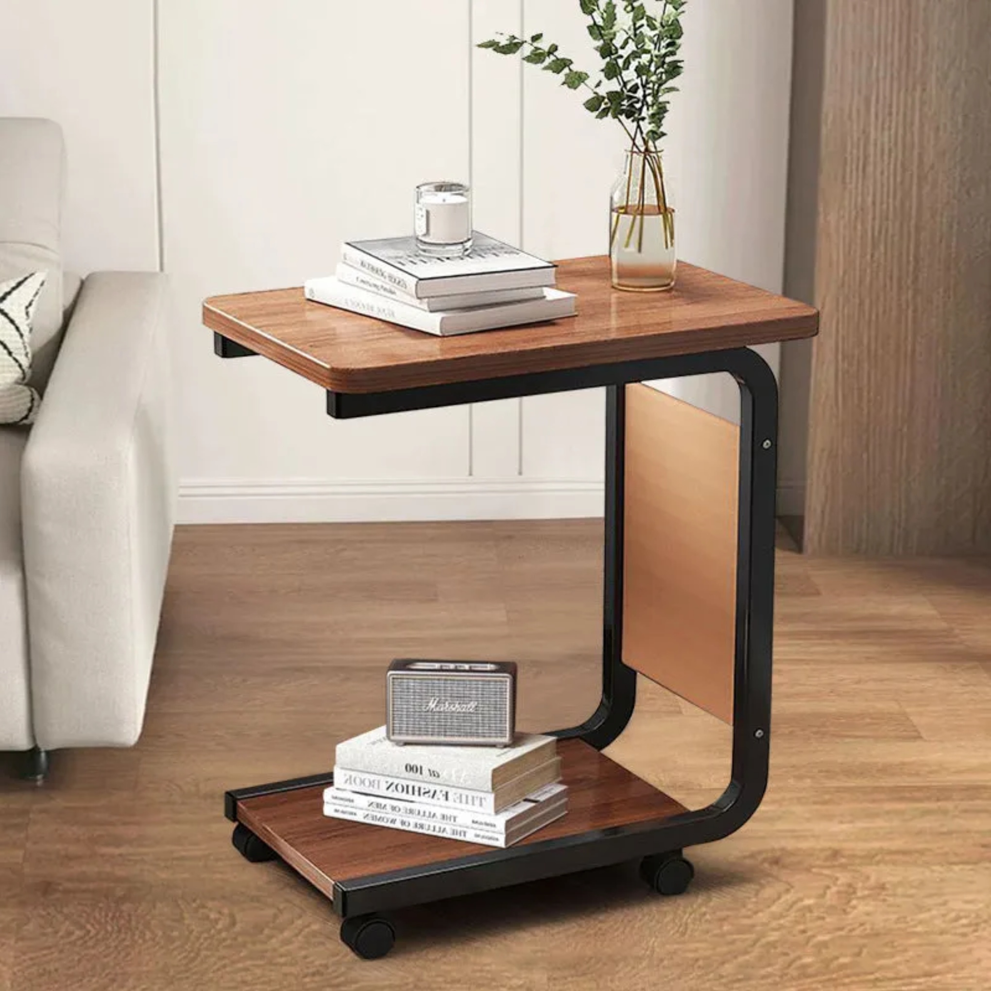Minimalist wheels walnut end & side tables in steel