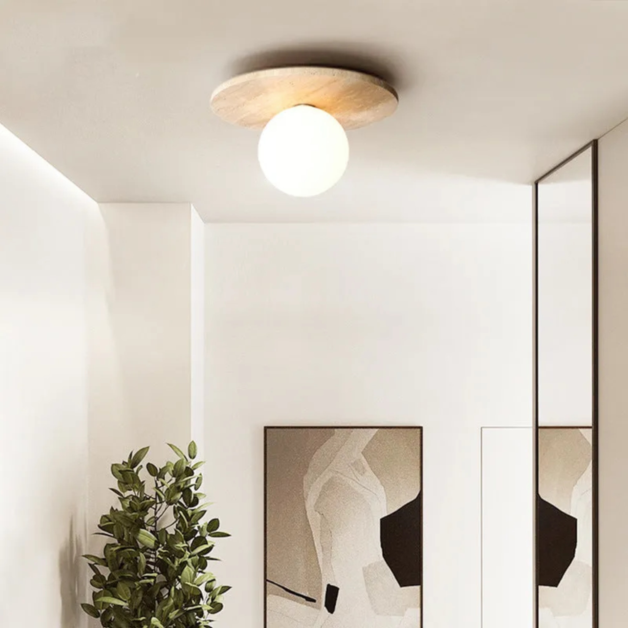 Minimalist 1-light travertine beige stone semi-flush mount light — 110V-120V (US/CA