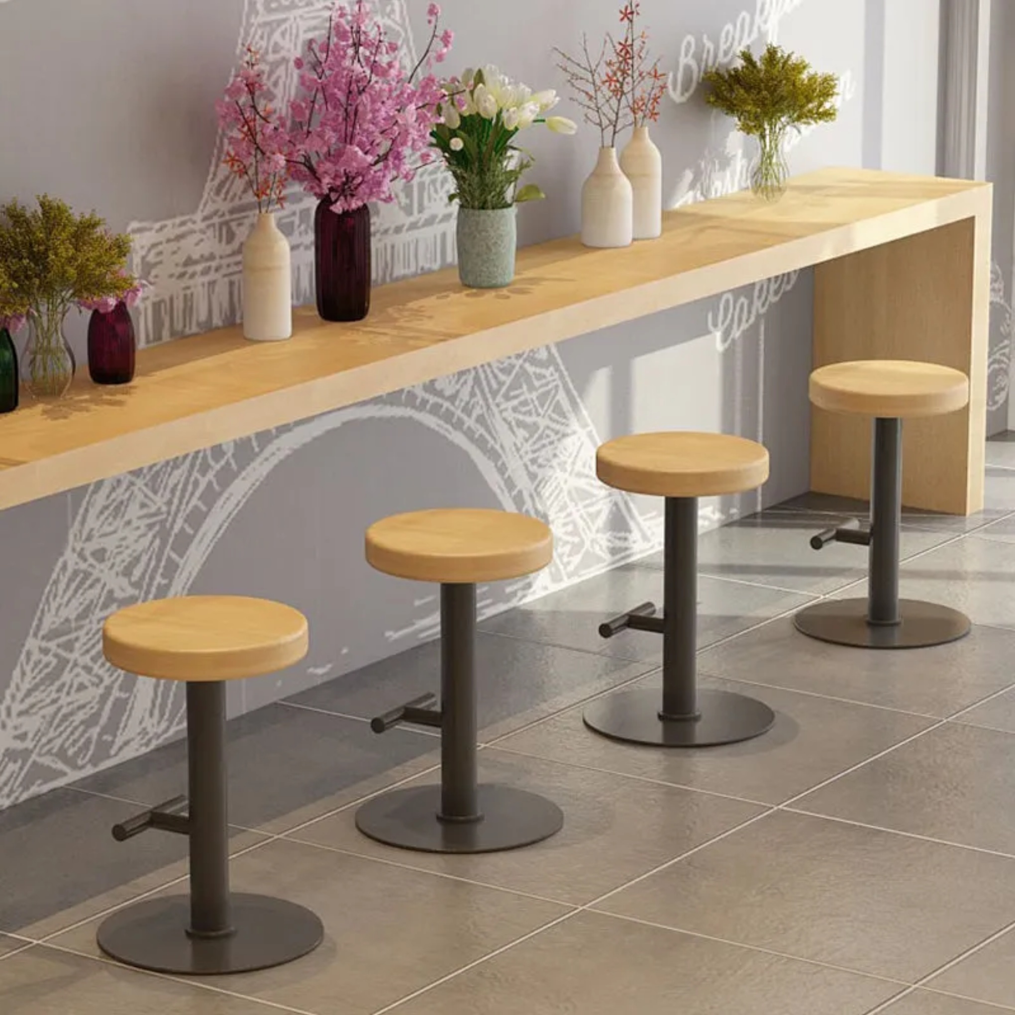 Lighom backless iron bar & counter stools for kitchen — Wood Color & Black