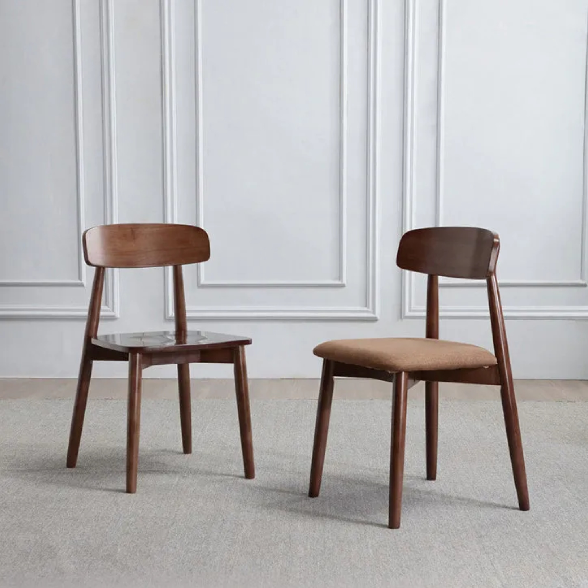 Minimalist microfiber wood leather dining chairs & benches, Lighom — Walnut Frame & White
