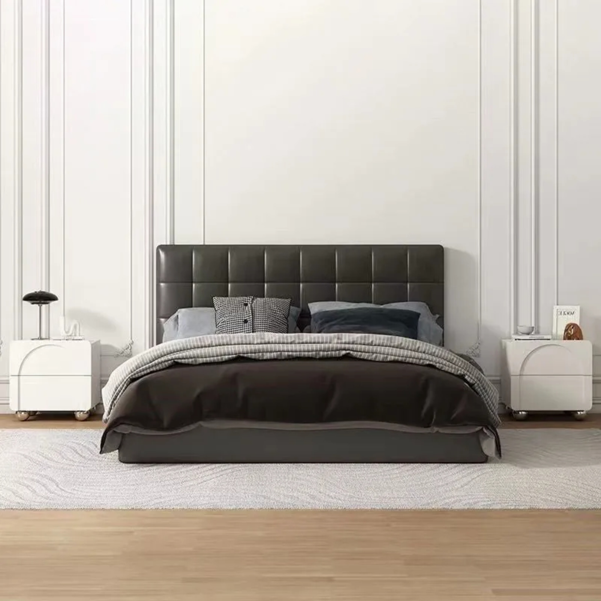 Minimalist 2-drawer microfiber nightstands in leather — 15.75" L x 15.75" W x 18.9" H / Beige