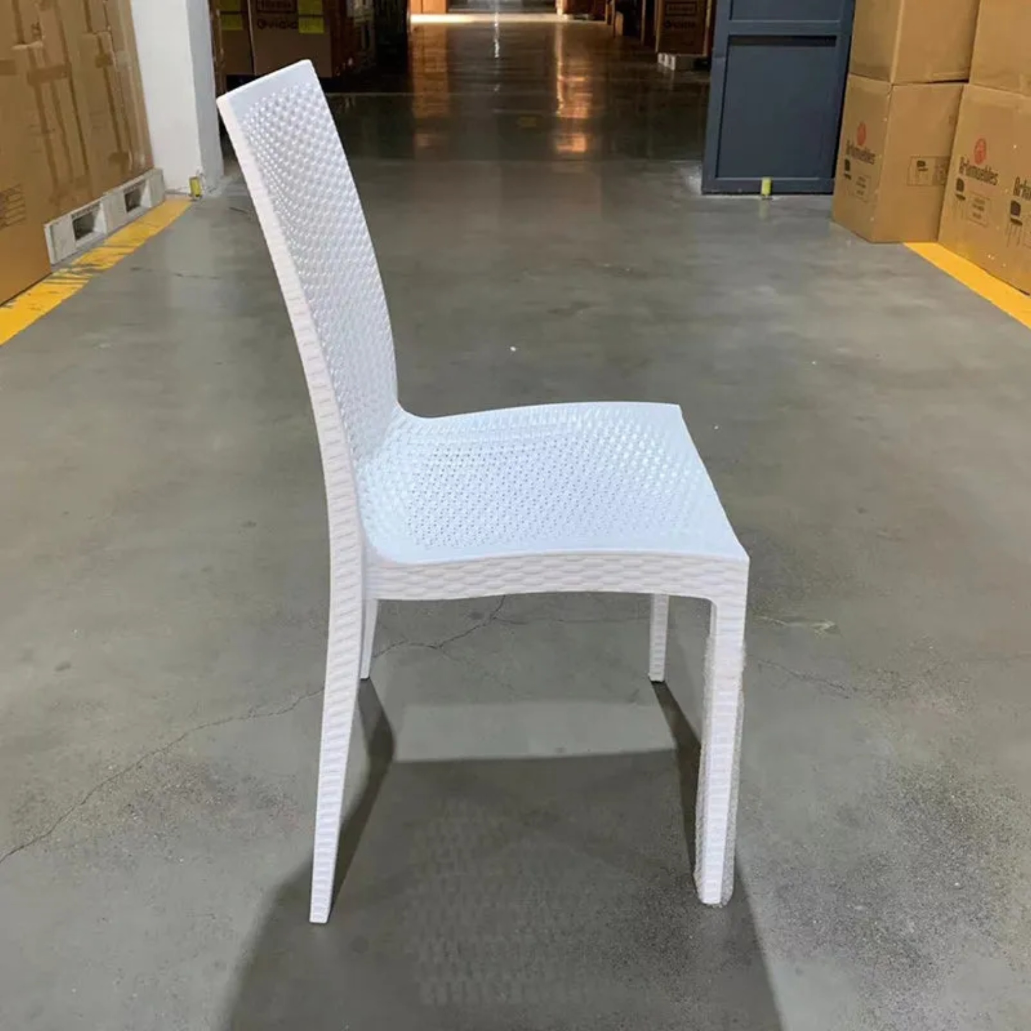 Minimalist stackable woven dining chairs & benches in steel fabric