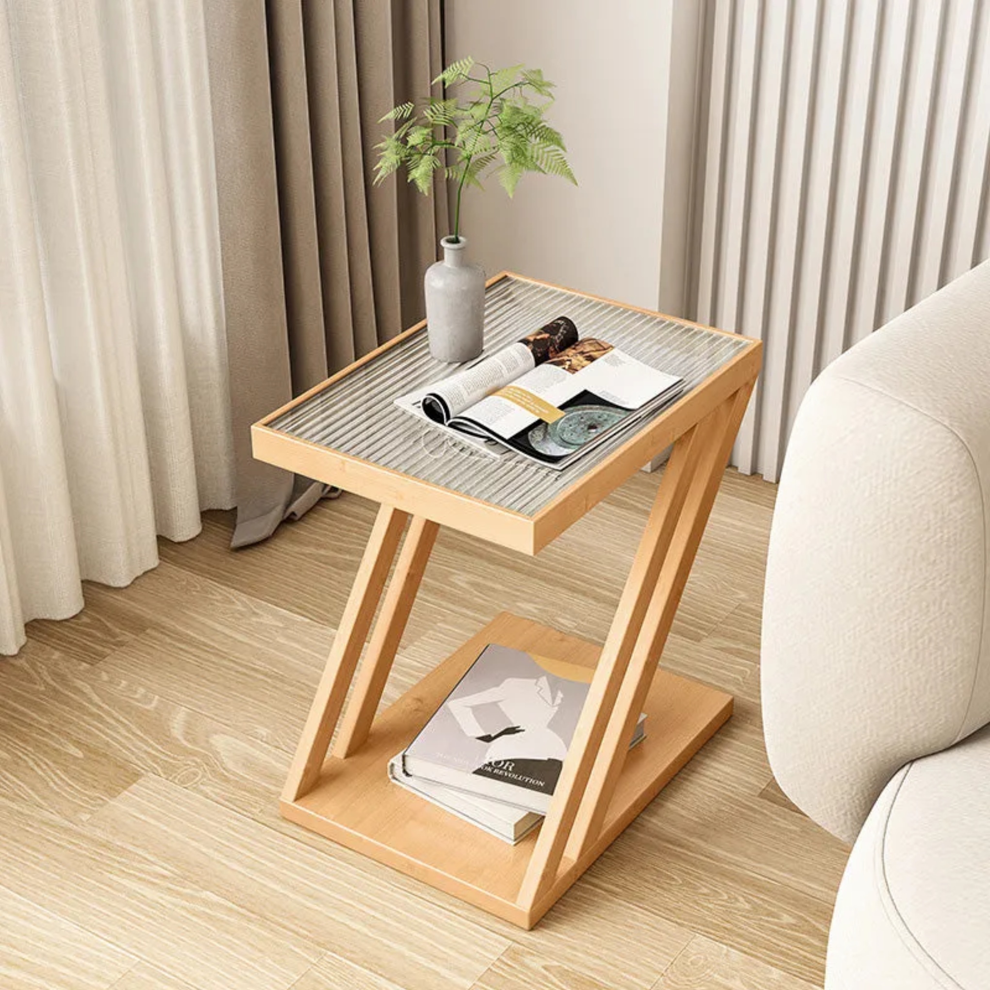 Lighom minimalist z-shape natural end & side tables in bamboo glass wood