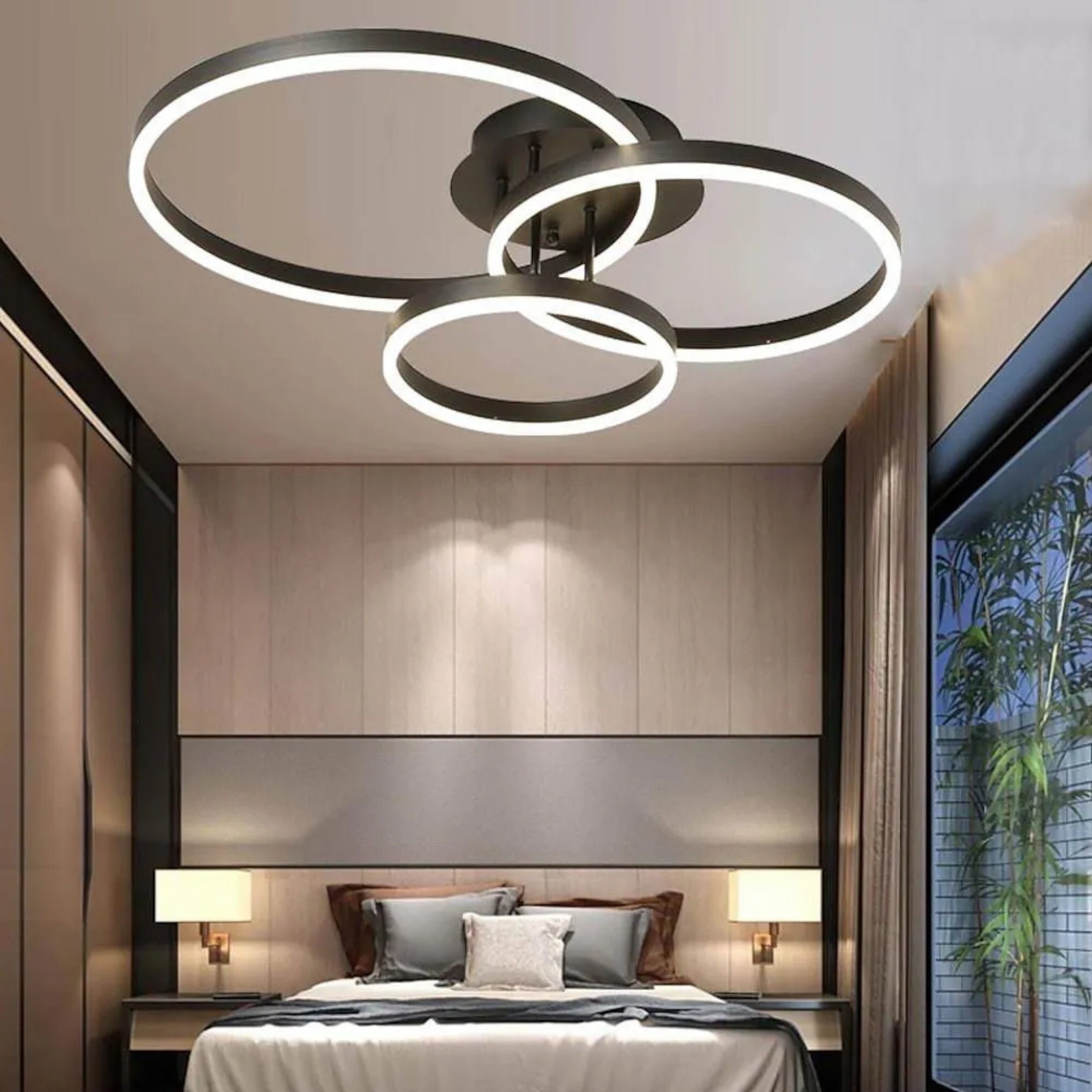 Modern 3-circle brown semi-flush mount light, Lighom — Warm White (3000K) / Matte Black