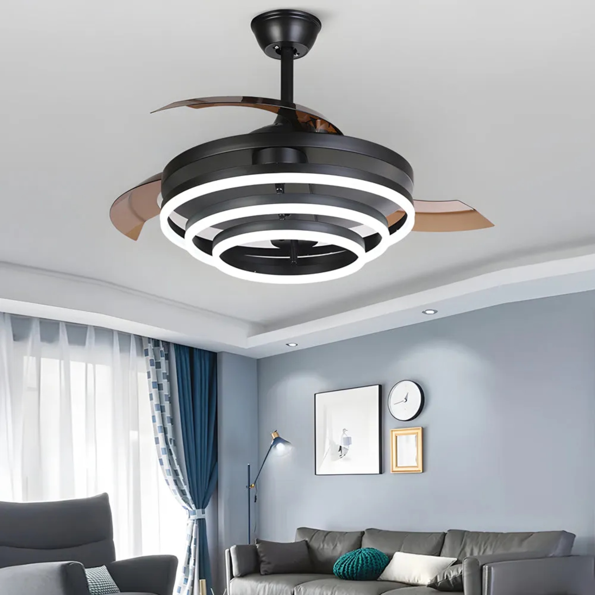 Modern retractable black ceiling fans — 18.5" H x 41.3" Dia / Brushed Gold
