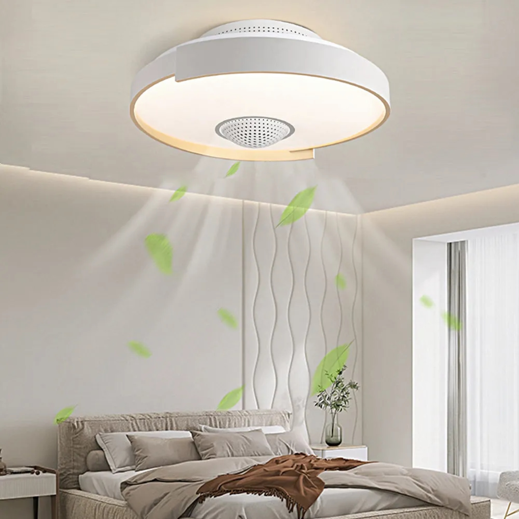 Modern 6-speed bladeless gray synthetic ceiling fans, Lighom — White & Gold