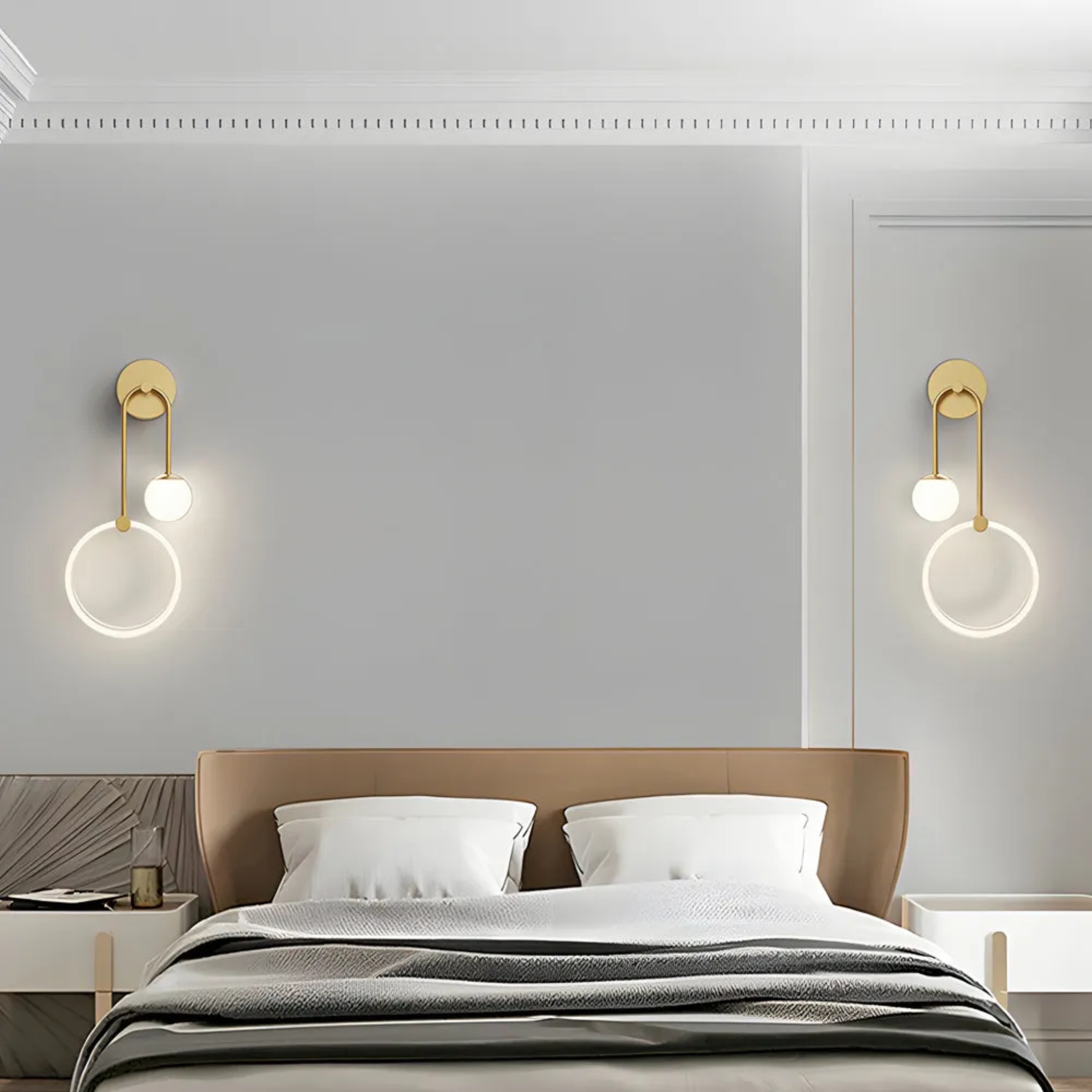 Modern 2-light ring gold wall sconces in acrylic — Left