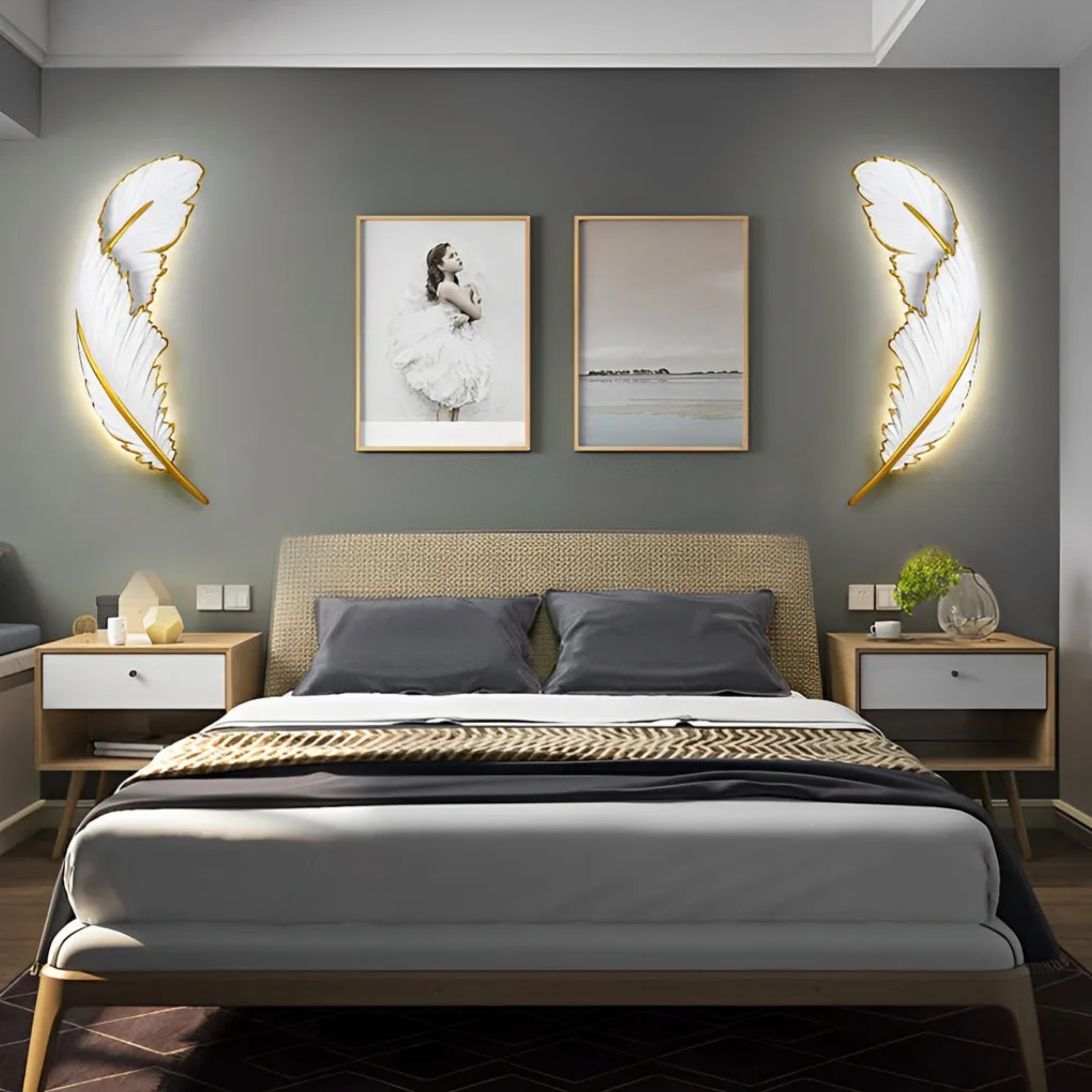 Lighom decorative art resin wall sconces for bedroom — With Small Feather / Warm White (3000K) / Left