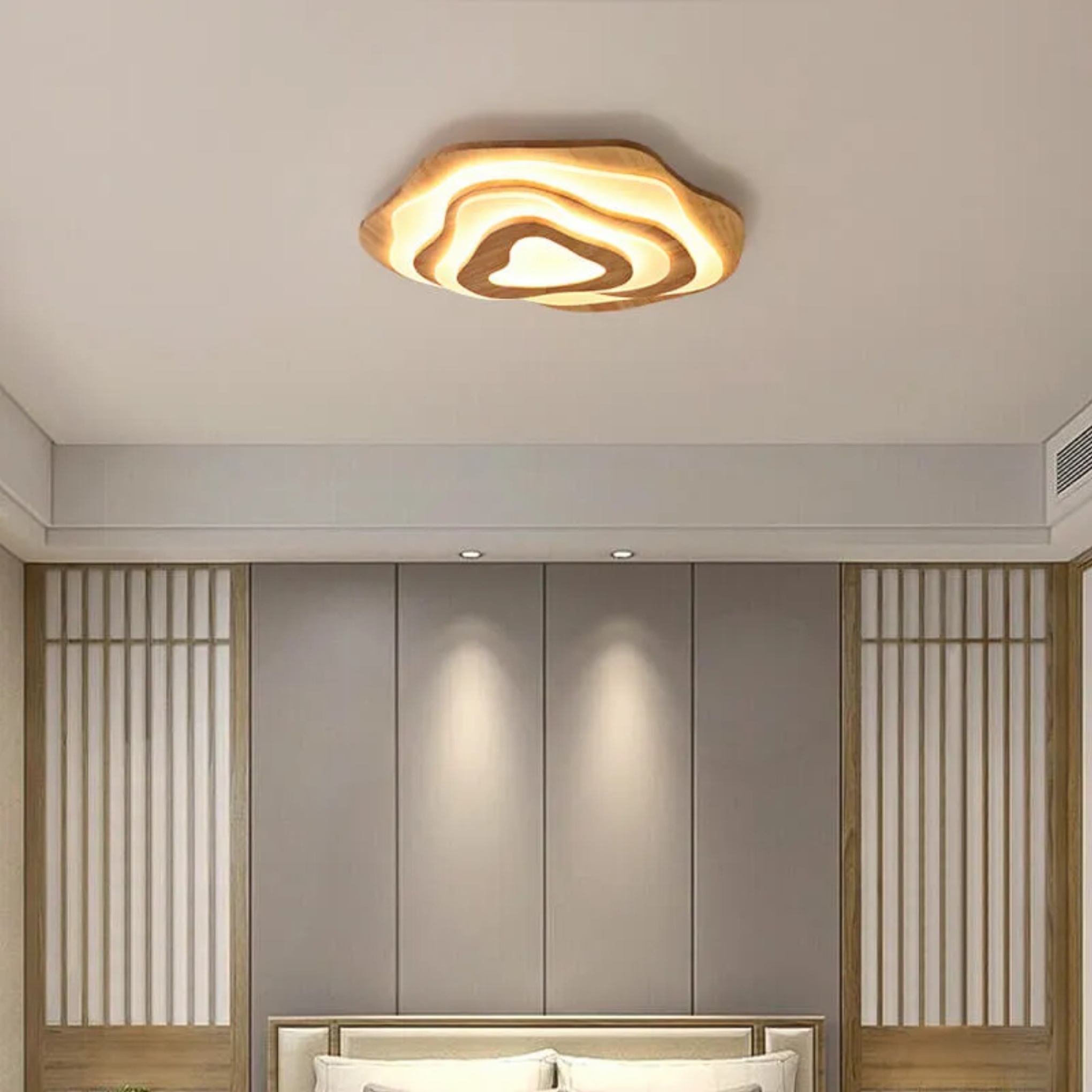 Chinese solid textured flush mount lighting in wood — Small (12"H / Cool White (6000K) / Walnut