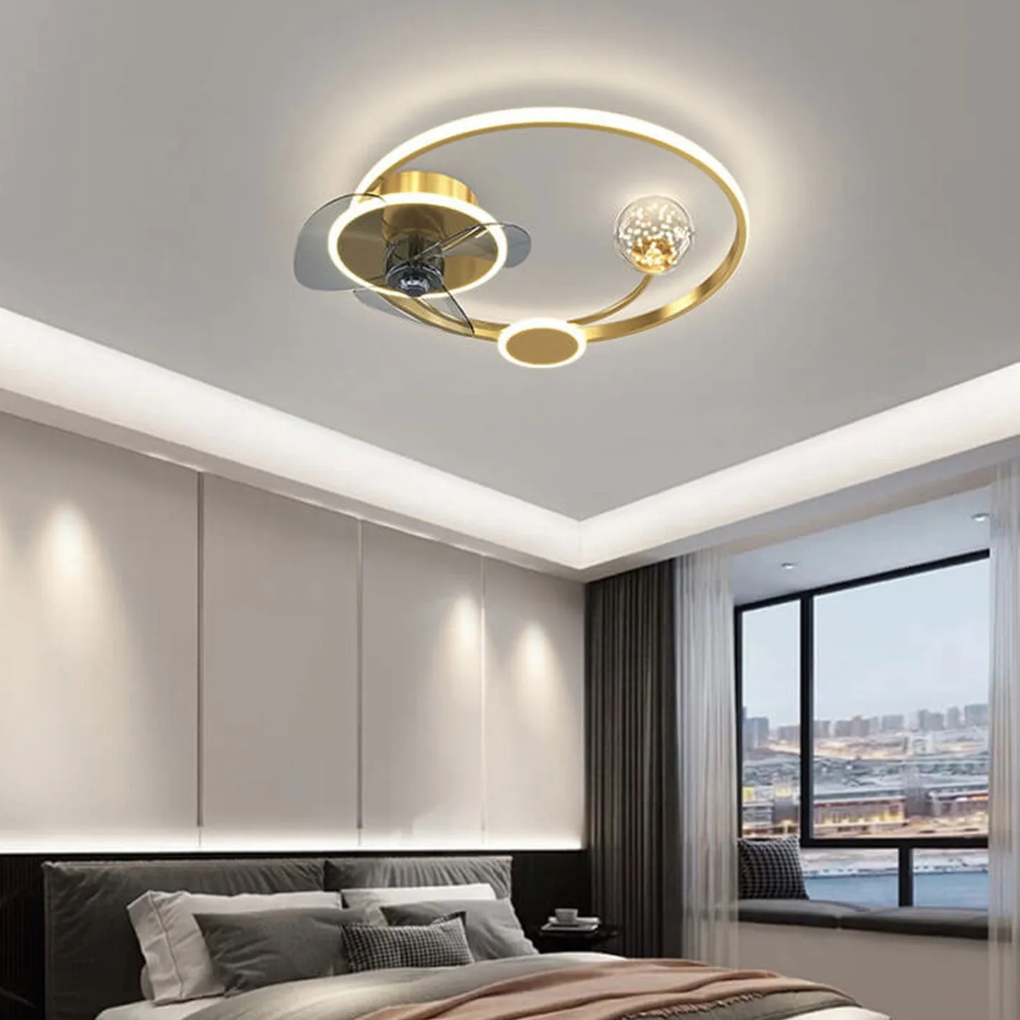 Creative circle ball gold ceiling fans, Lighom — 110V-120V (US/CA