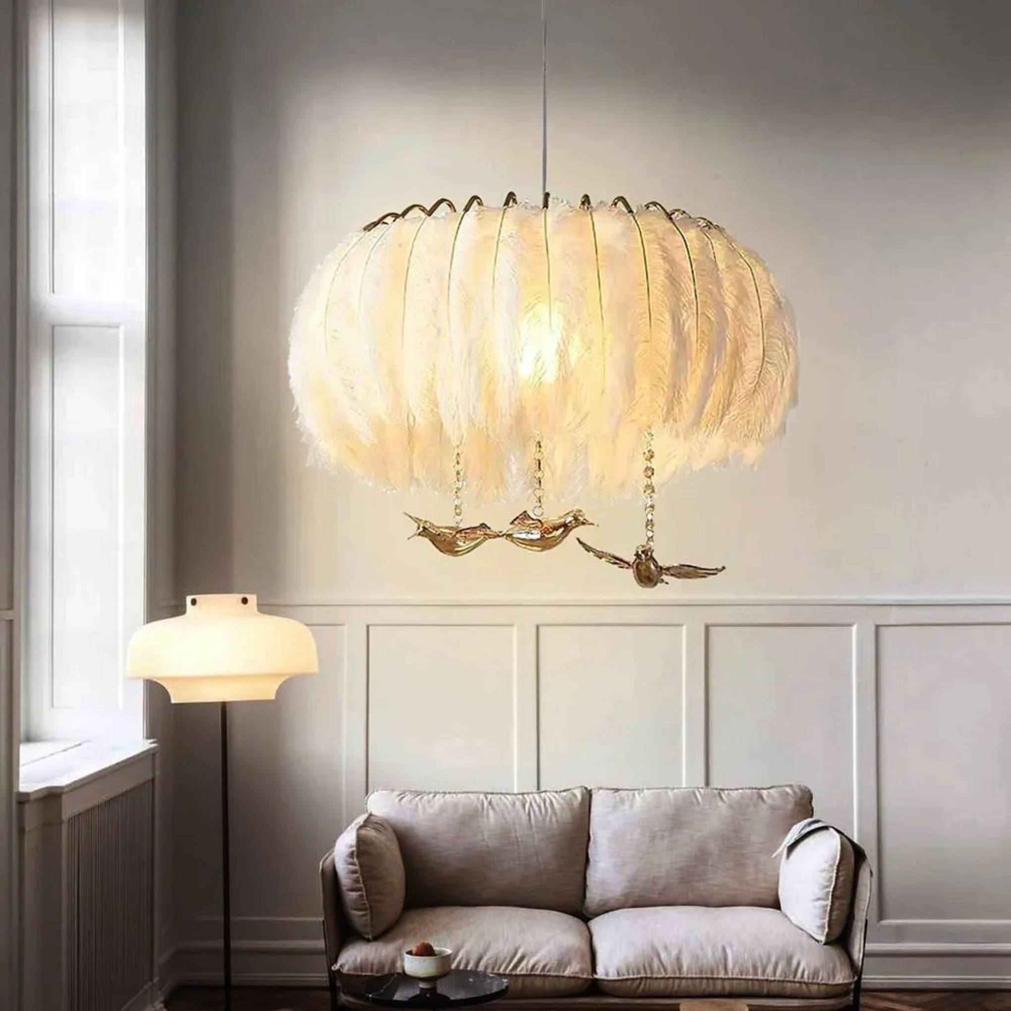 Lighom modern feather drum white chandeliers in natural