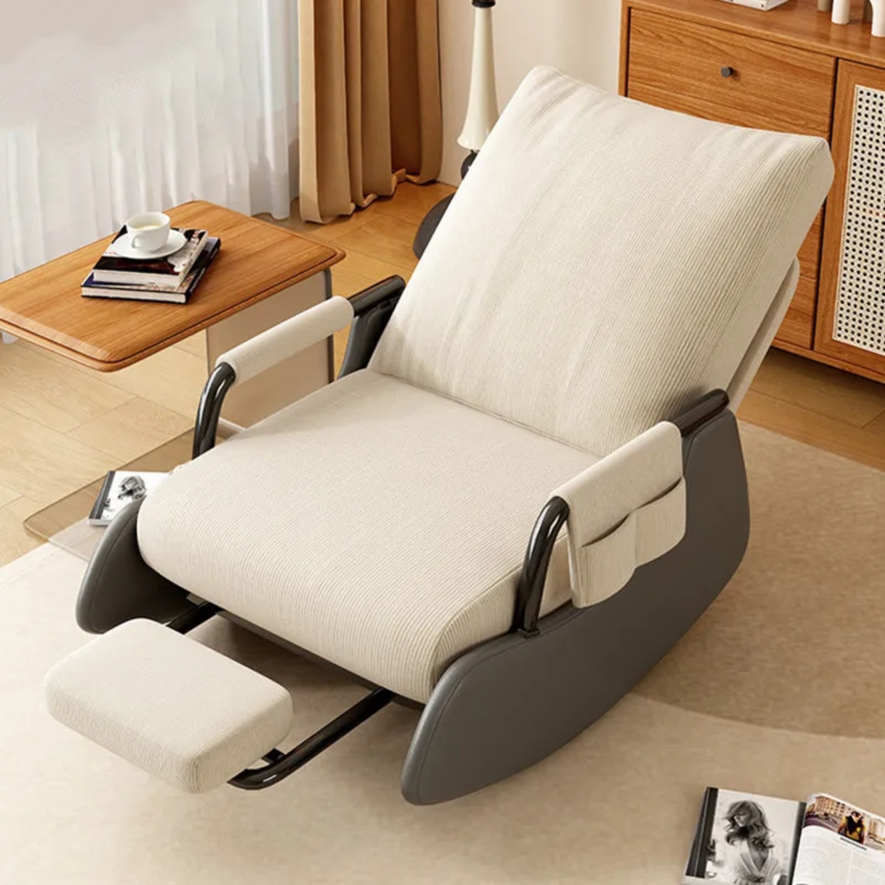 Lighom home foldable leather recliner for living room — Without Footrest / White Seat / Black Frame