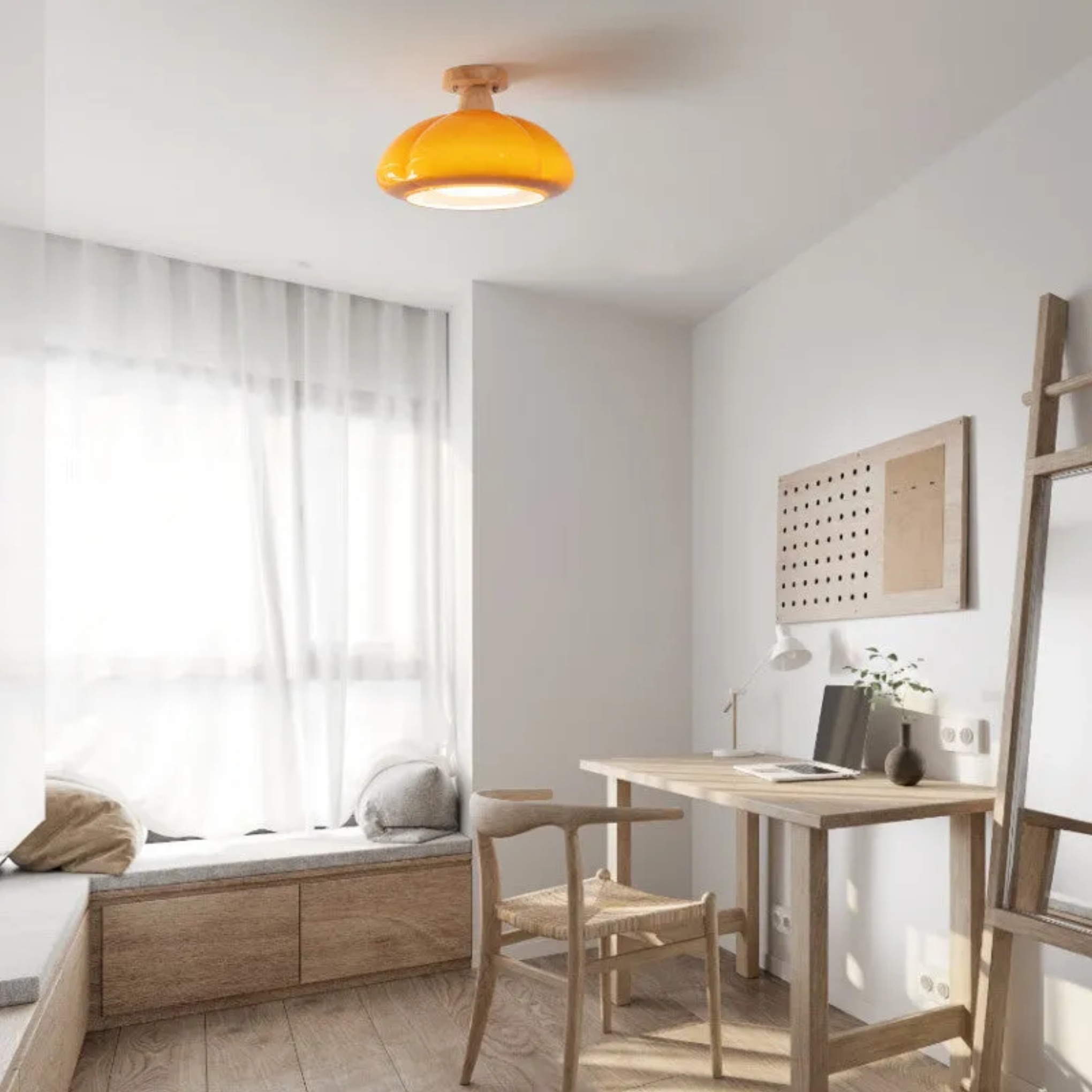 Lighom modern rubberwood 1-light cream semi-flush mount light — Orange / 110V-120V (US/CA)