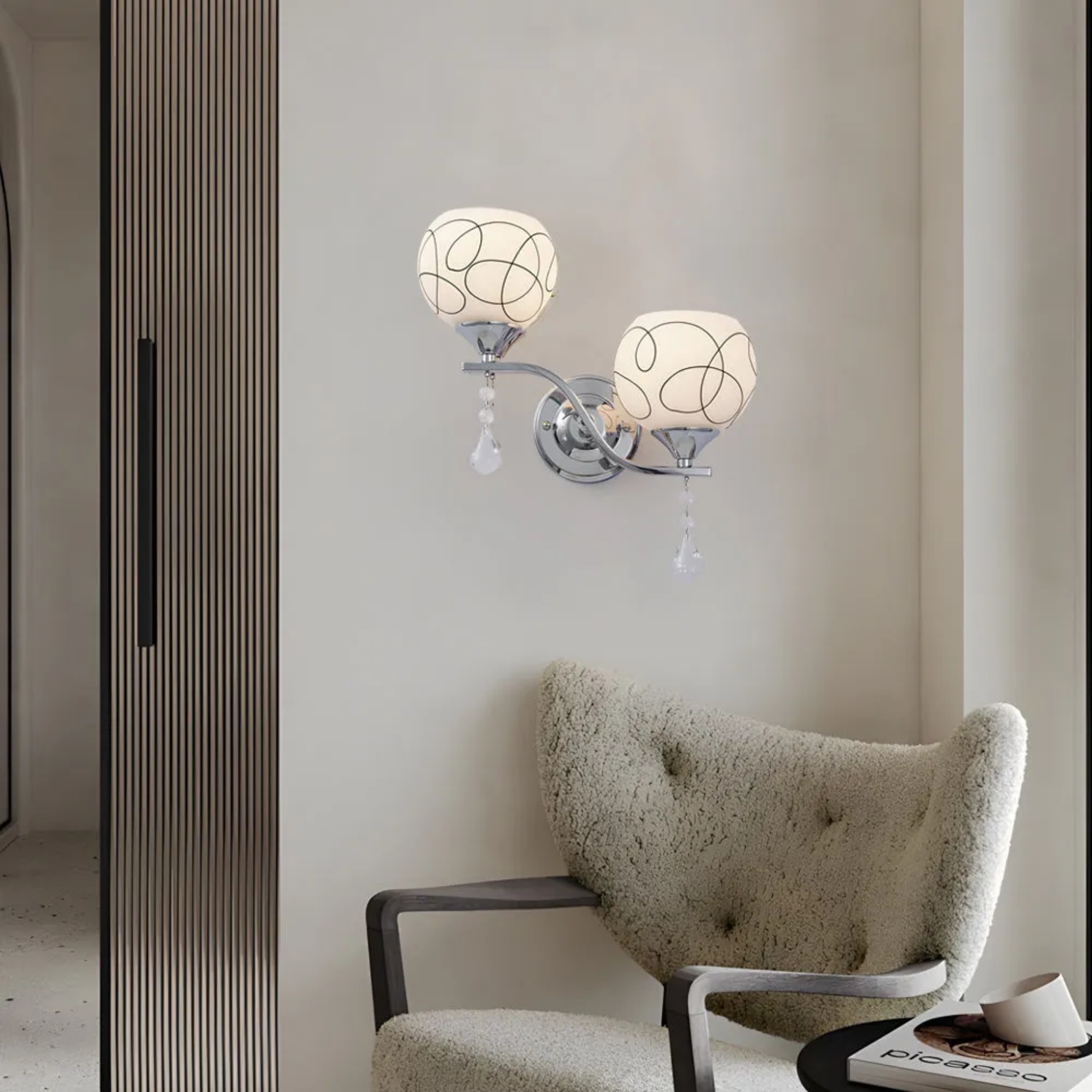 Modern 2-light sphere wall sconces in crystal glass metal