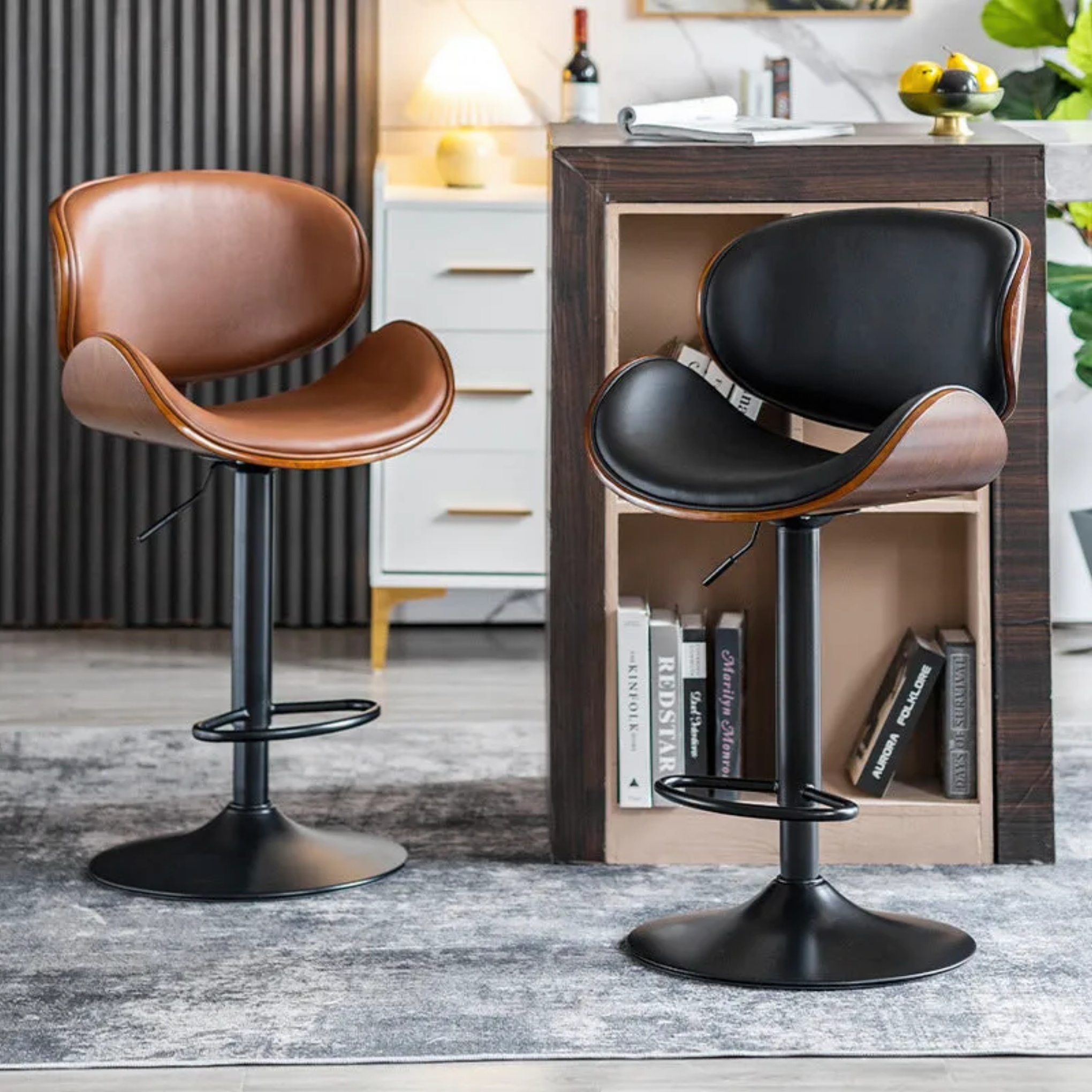 Minimalist curved bar & counter stools in leather — Beige