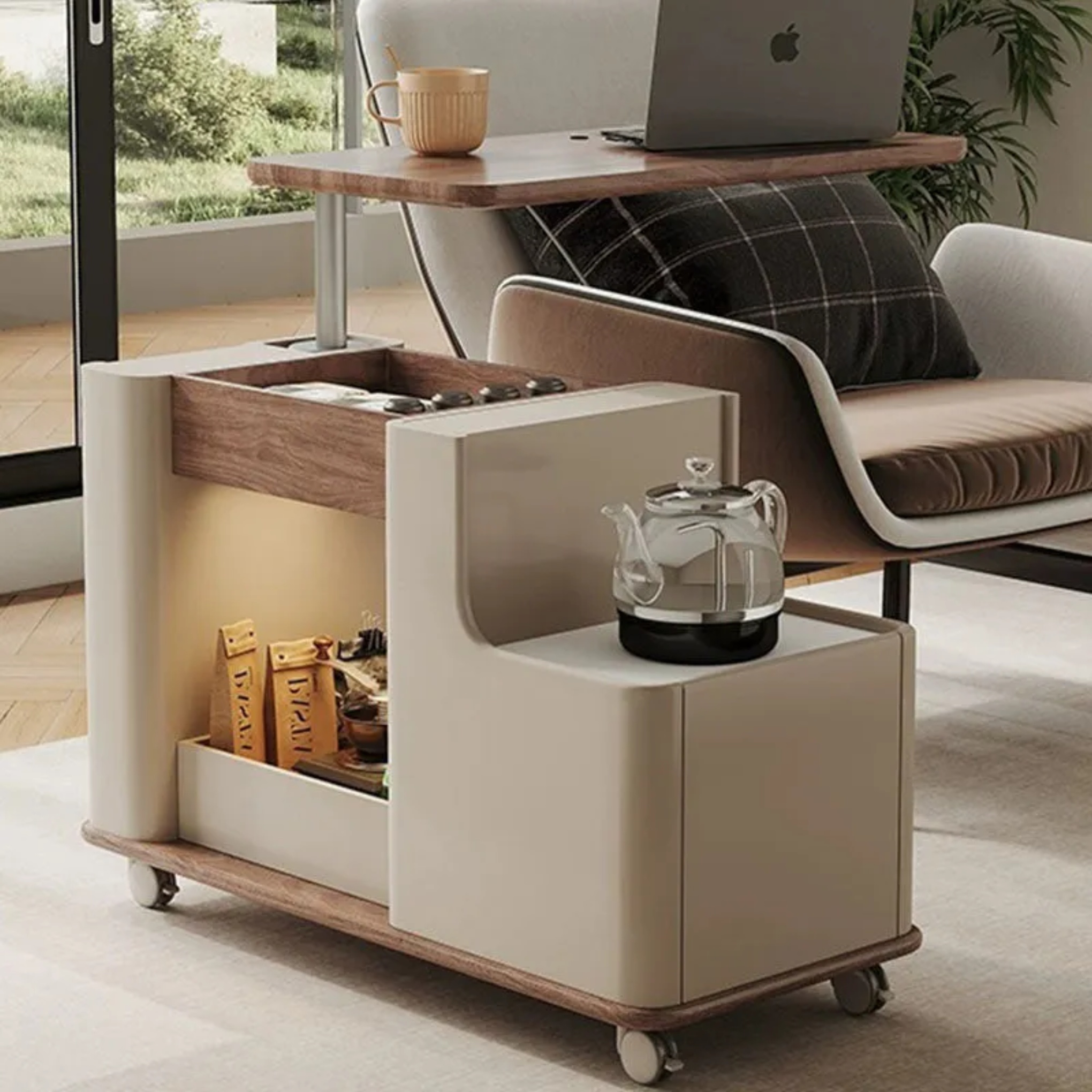 Walnut linen 3-tier eclectic coffee tables - creative