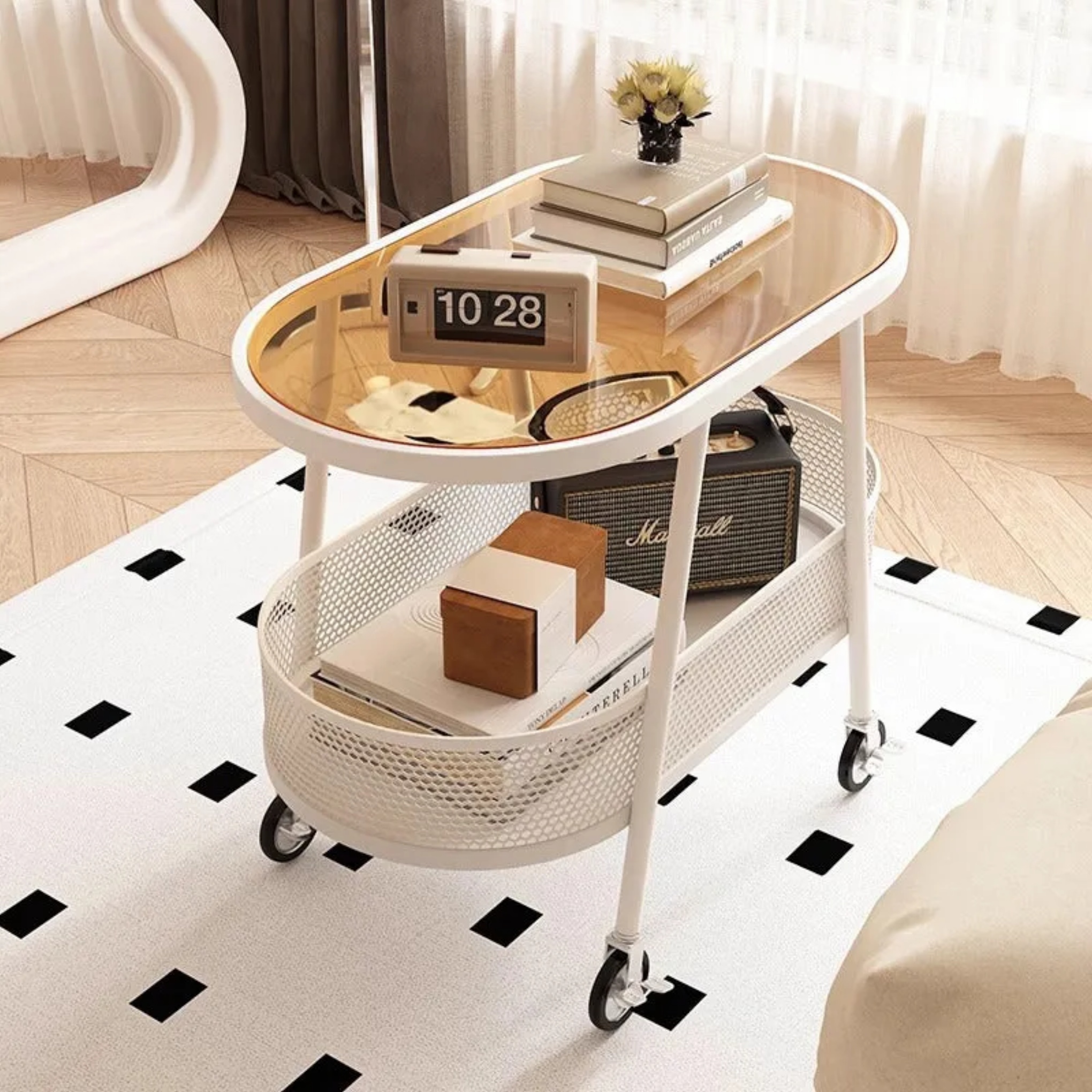 Minimalist elliptical end beige iron end & side tables — Style A / 23.5" L x 15.5" W x 21.5" H