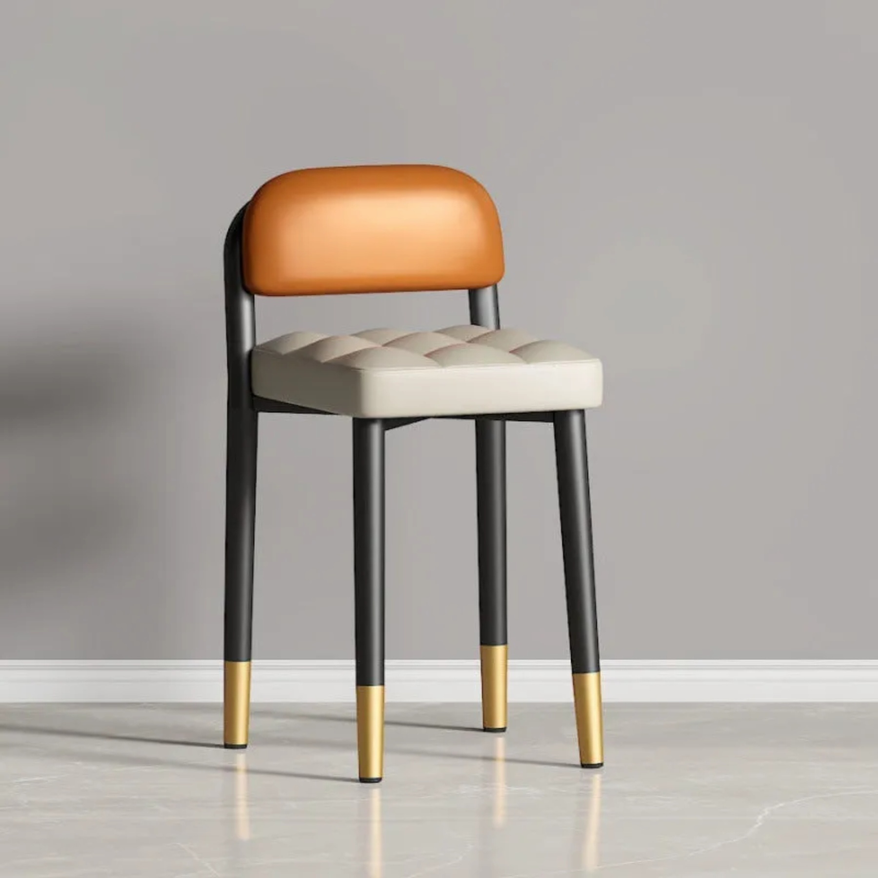 Beige minimalist upholstered back vanity stools — Beige Leather Seat & Orange Backrest