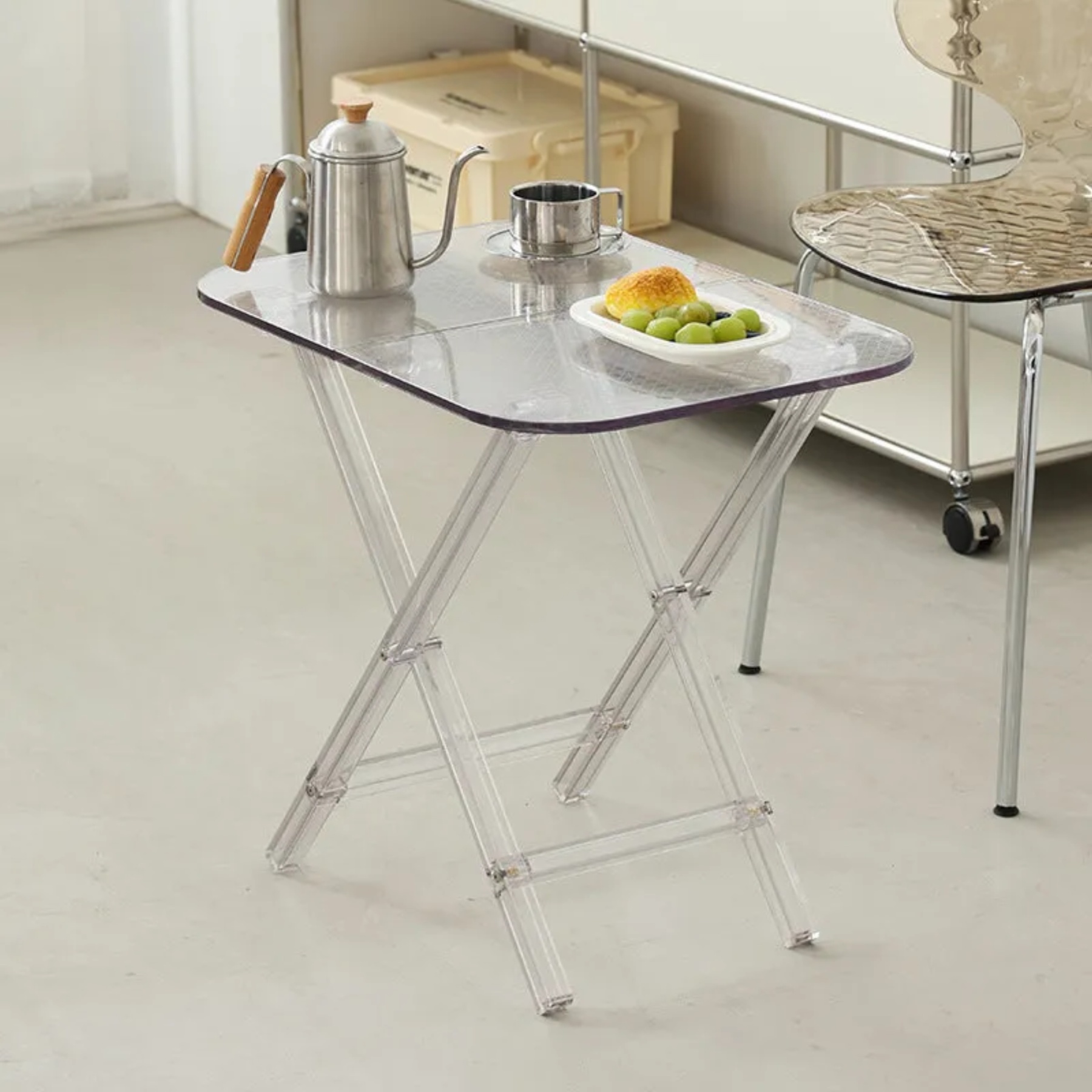 Minimalist foldable transparent end & side tables in fabric