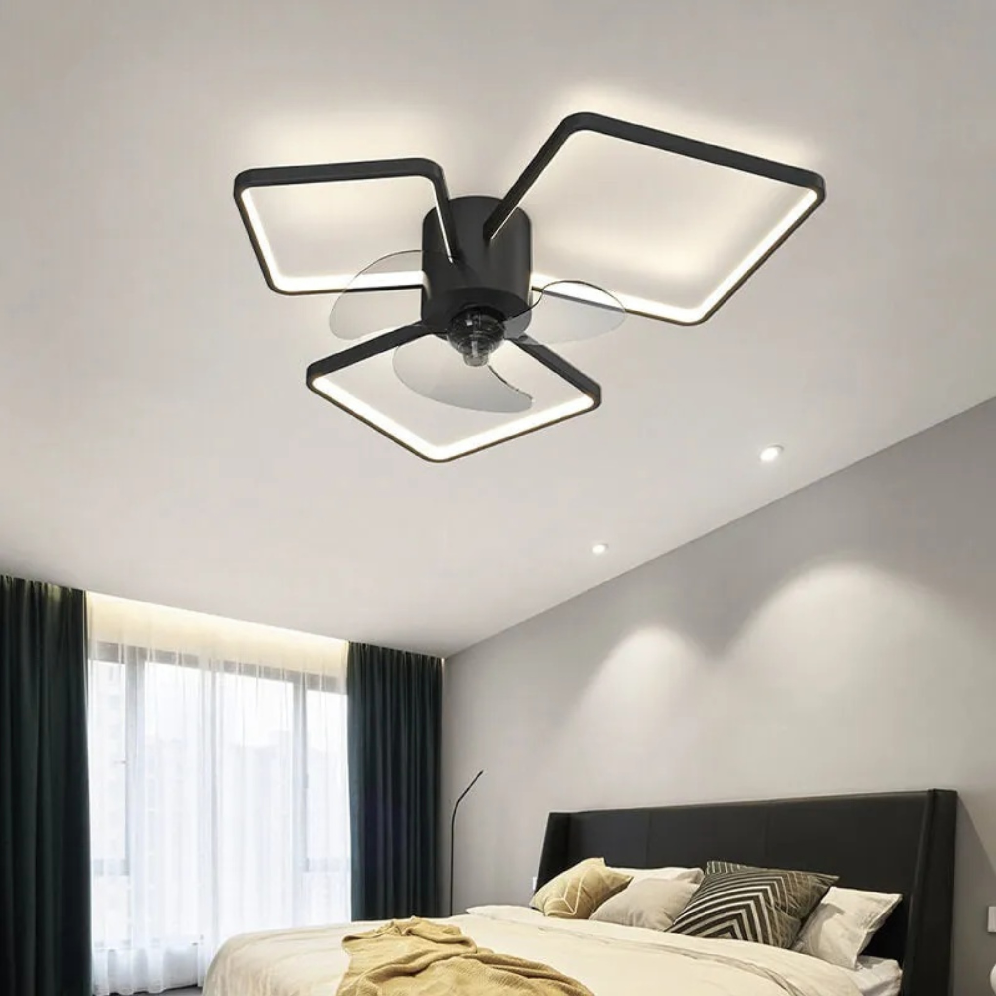 Luxury geometric square iron ceiling fans — Matte Black / 110V-120V (US/CA