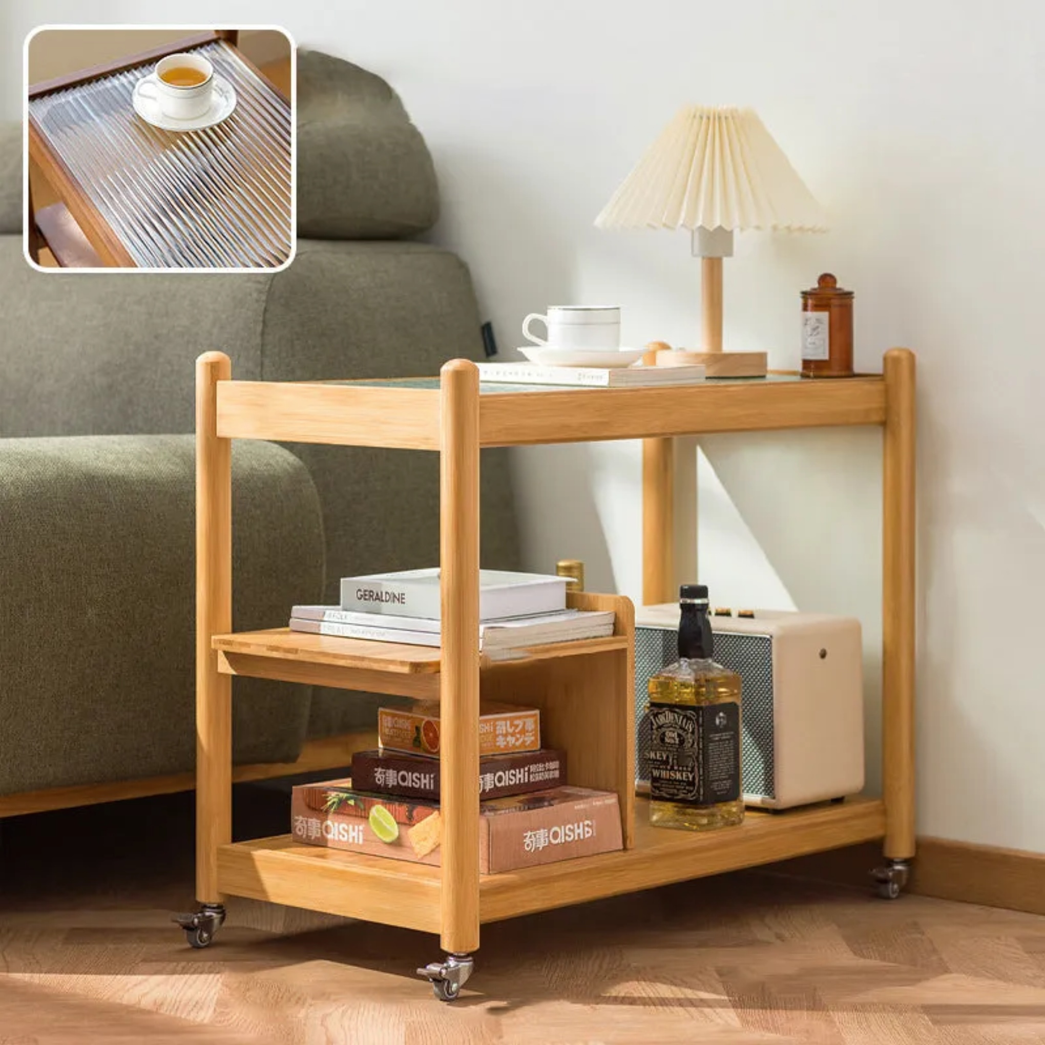 2-tier glass end & side tables for living room — Reeded Glass / Natural
