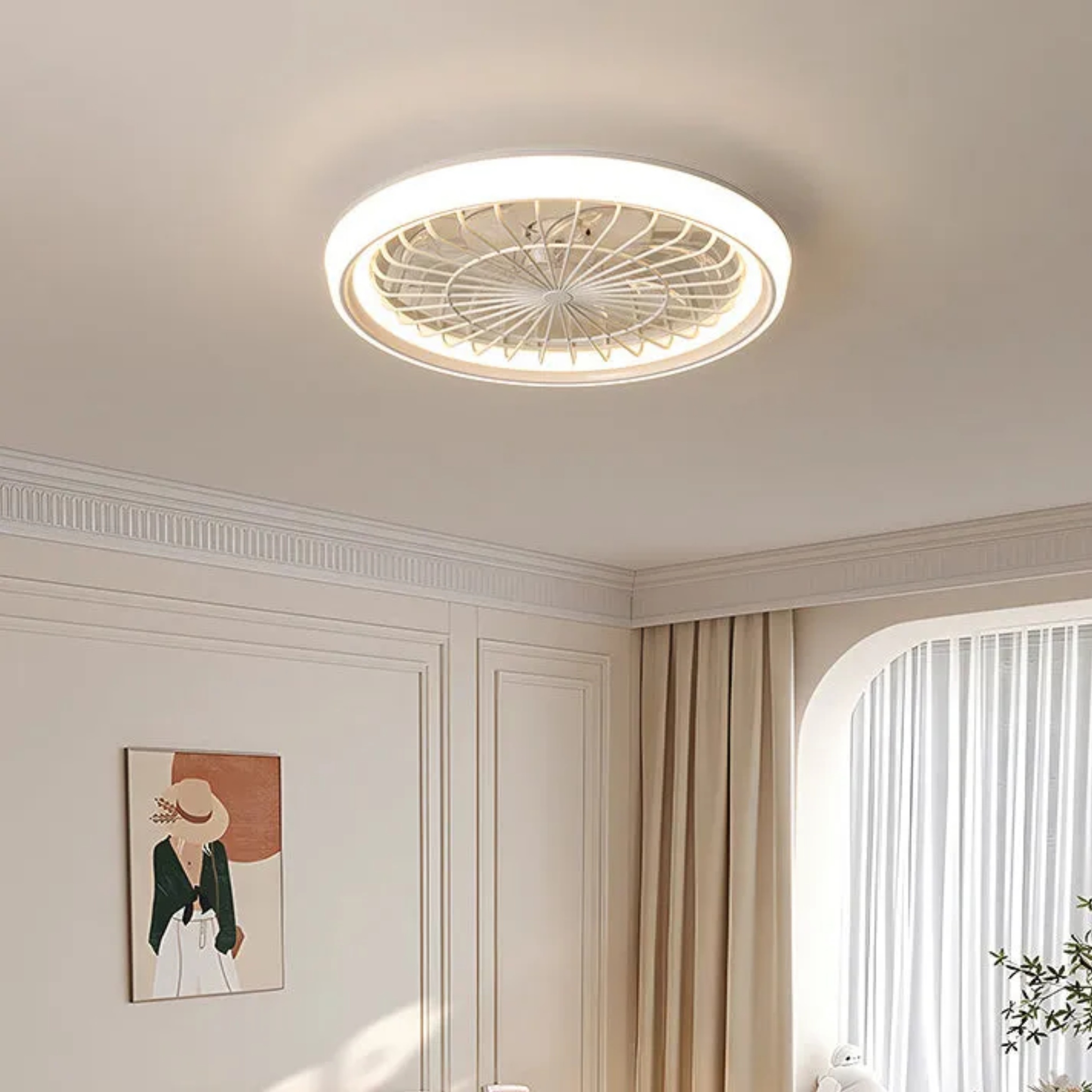 White minimalist semi-flush round ceiling fans — 110V-120V (US/CA