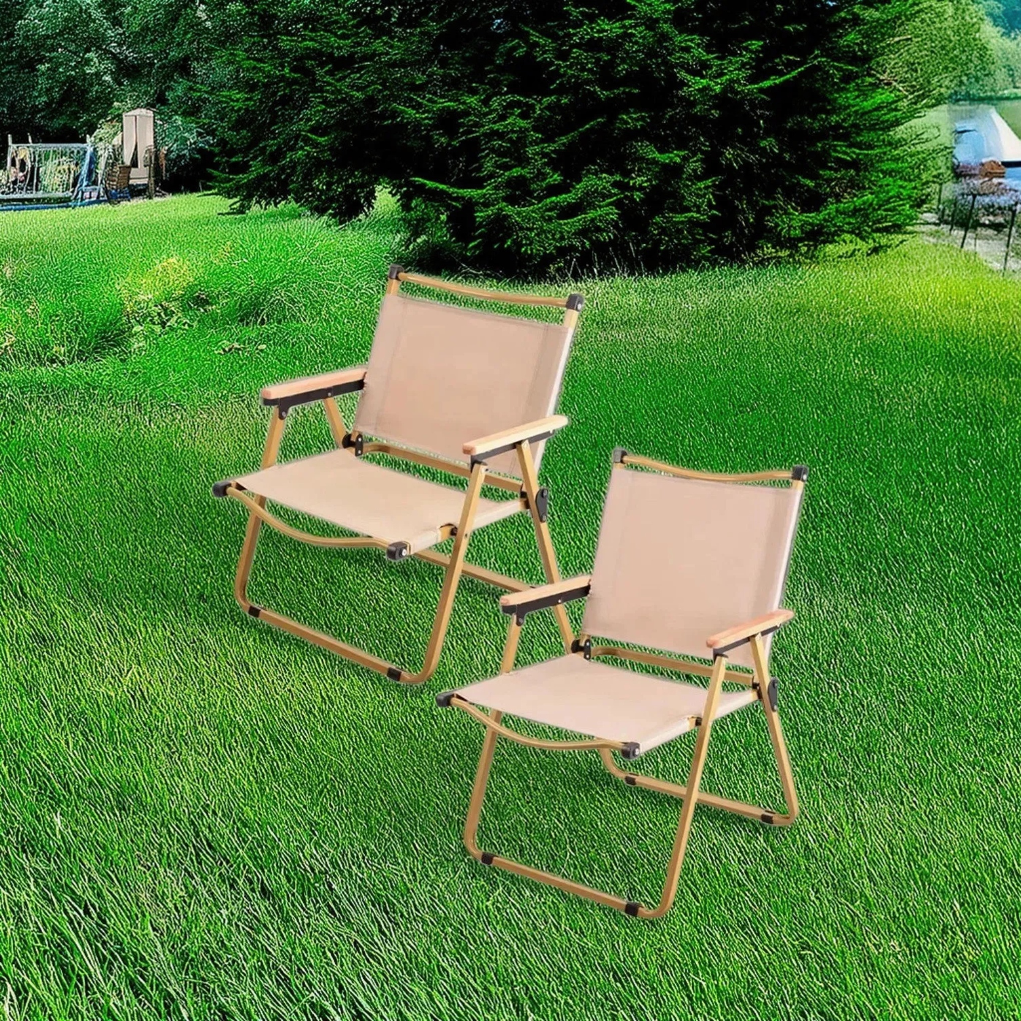 Green minimalist foldable camping chairs — 21" L x 18.5" W x 24.5" H / Khaki