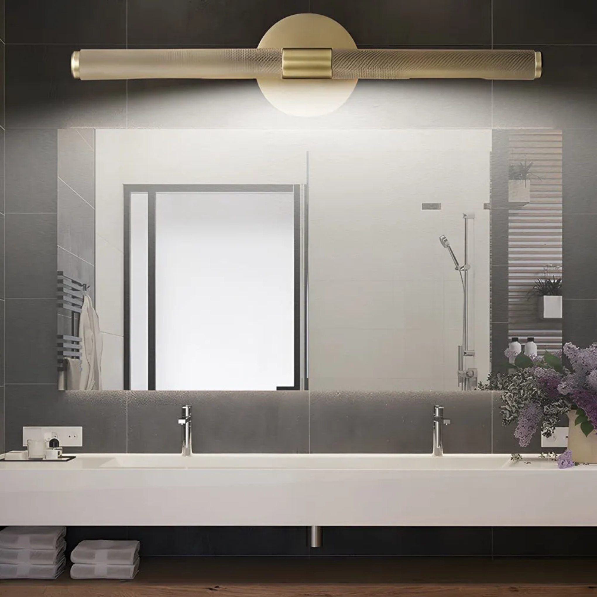 Modern knurled vanity gray bathroom vanity lighting, Lighom — Warm White (3000K) / Polished Chrome