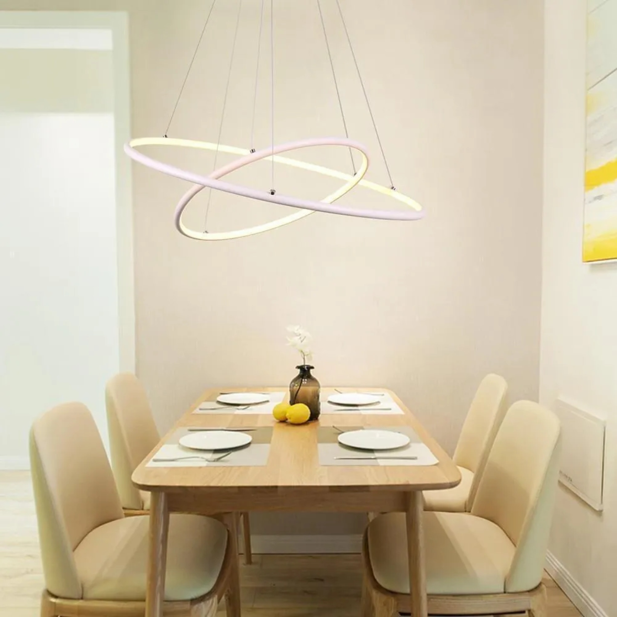 Lighom modern 2-ring geometric white chandeliers in synthetic — Warm White (3000K)