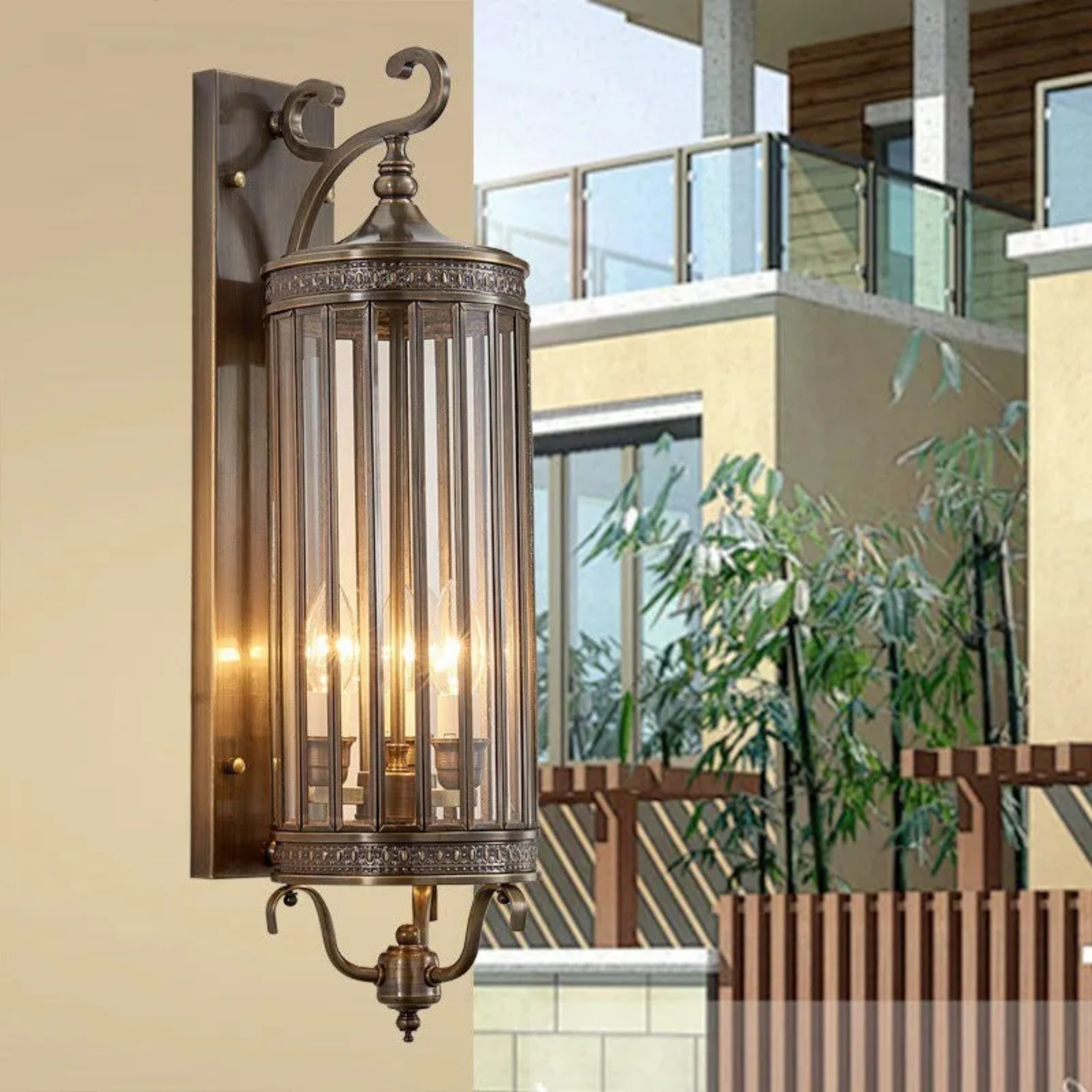 Gold glass line cylinder outdoor wall lighting - luxury — 21.65" H x 5.91" W / Gold Frame & Clear Glass / 110V-120V (US/CA)