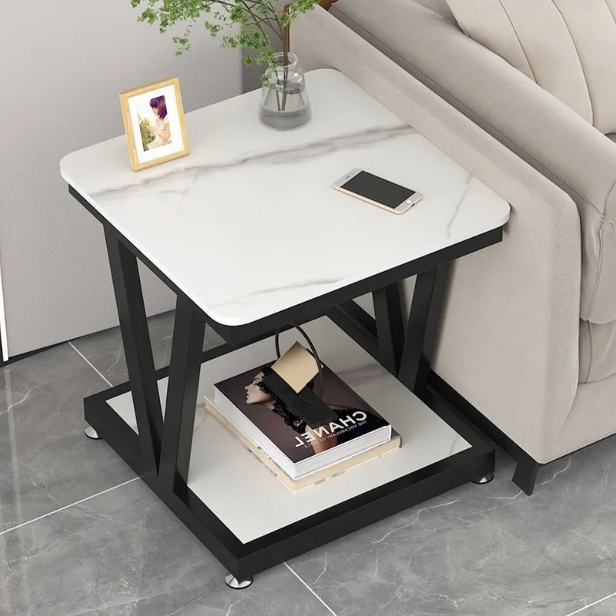 Lighom luxury panel rock black end & side tables in metal — Snowy Mountain White Rock