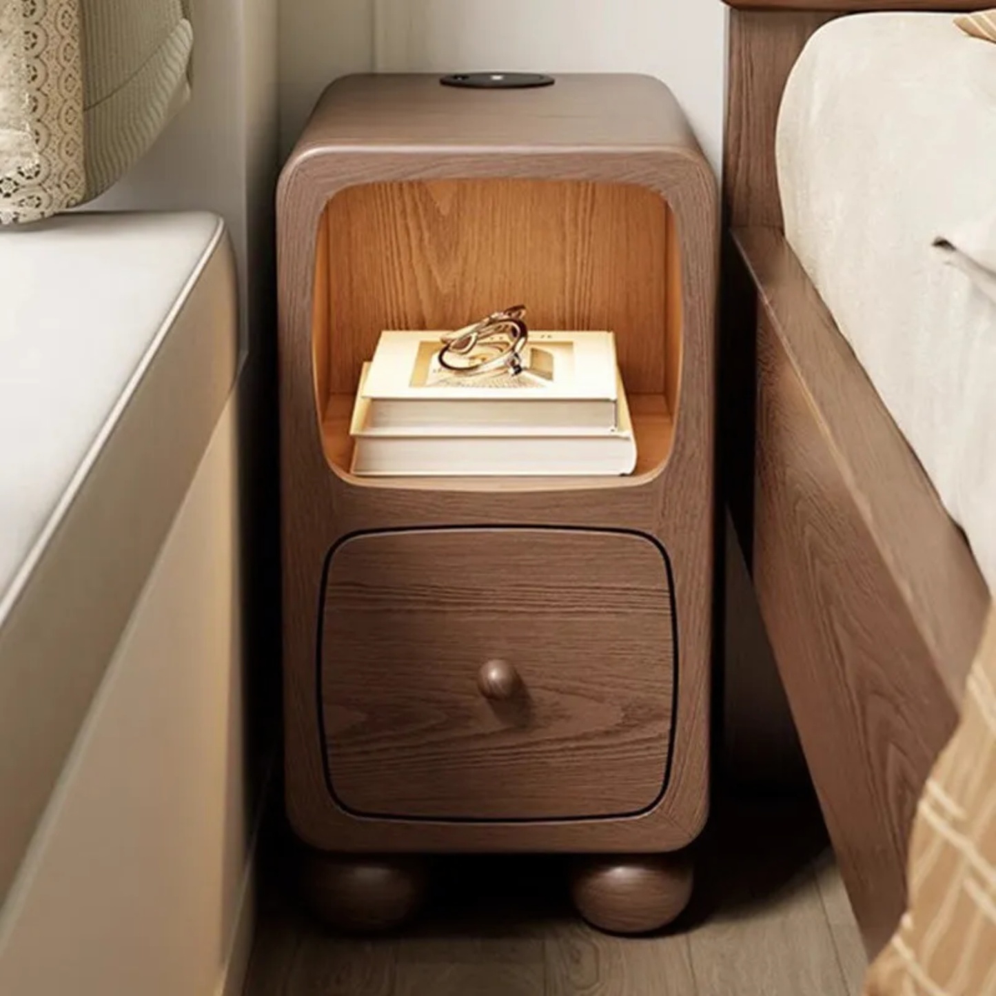 Luxury multi-panel rubberwood natural nightstands, Lighom — 9.84" L x 9.84" W x 18.9" H / Walnut